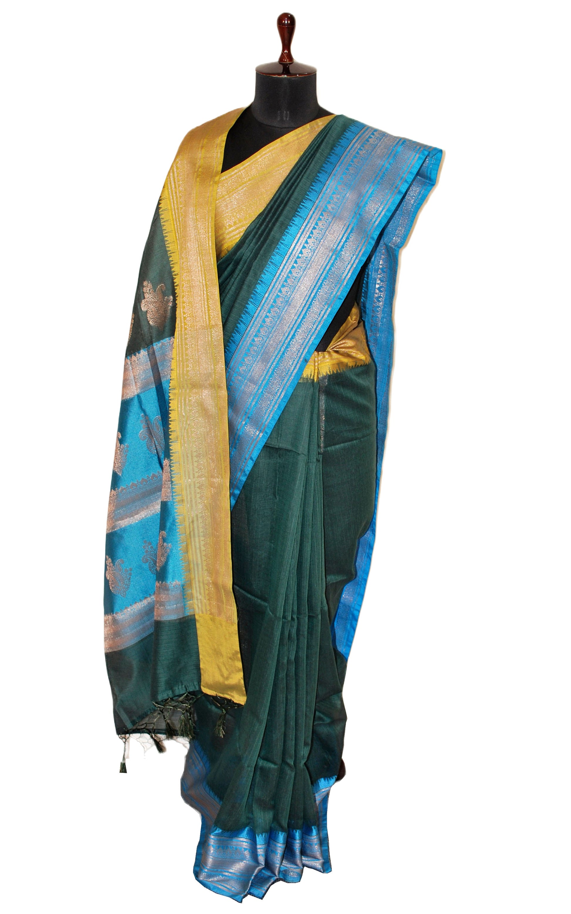 Traditional Ganga Jamuna Border Cotton Kota Checks Gadwal Saree with Rich Pallu in Phthalo Green, Blue and Yellow