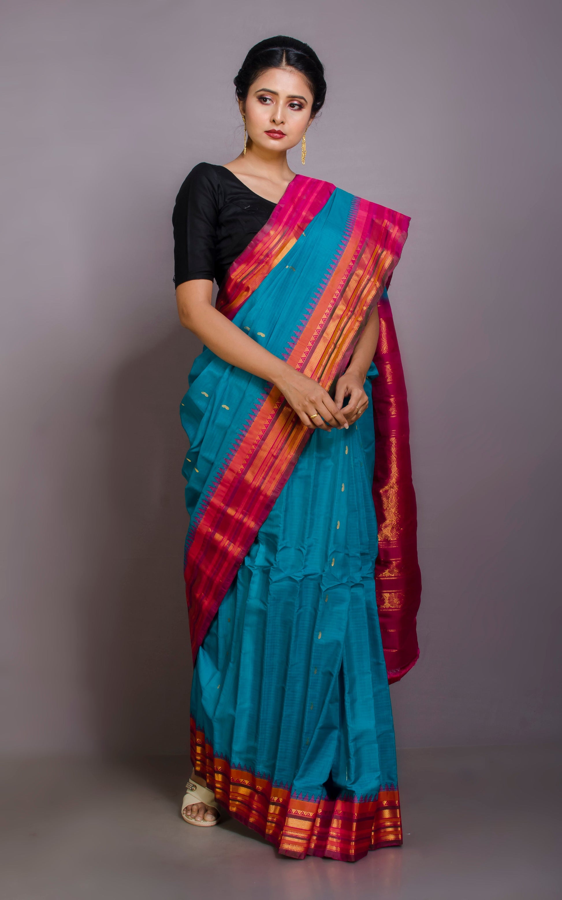 Exclusive Gadwal Seiko Silk Saree in Peacock Blue, Magenta and Amber Yellow