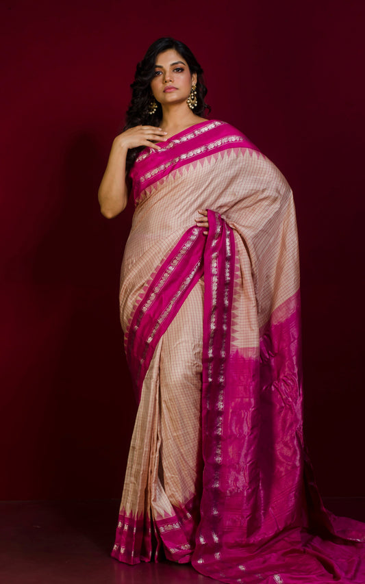 Pure Silk Checks Gadwal Silk Saree in Parmesan, Magenta and Silver Zari Work