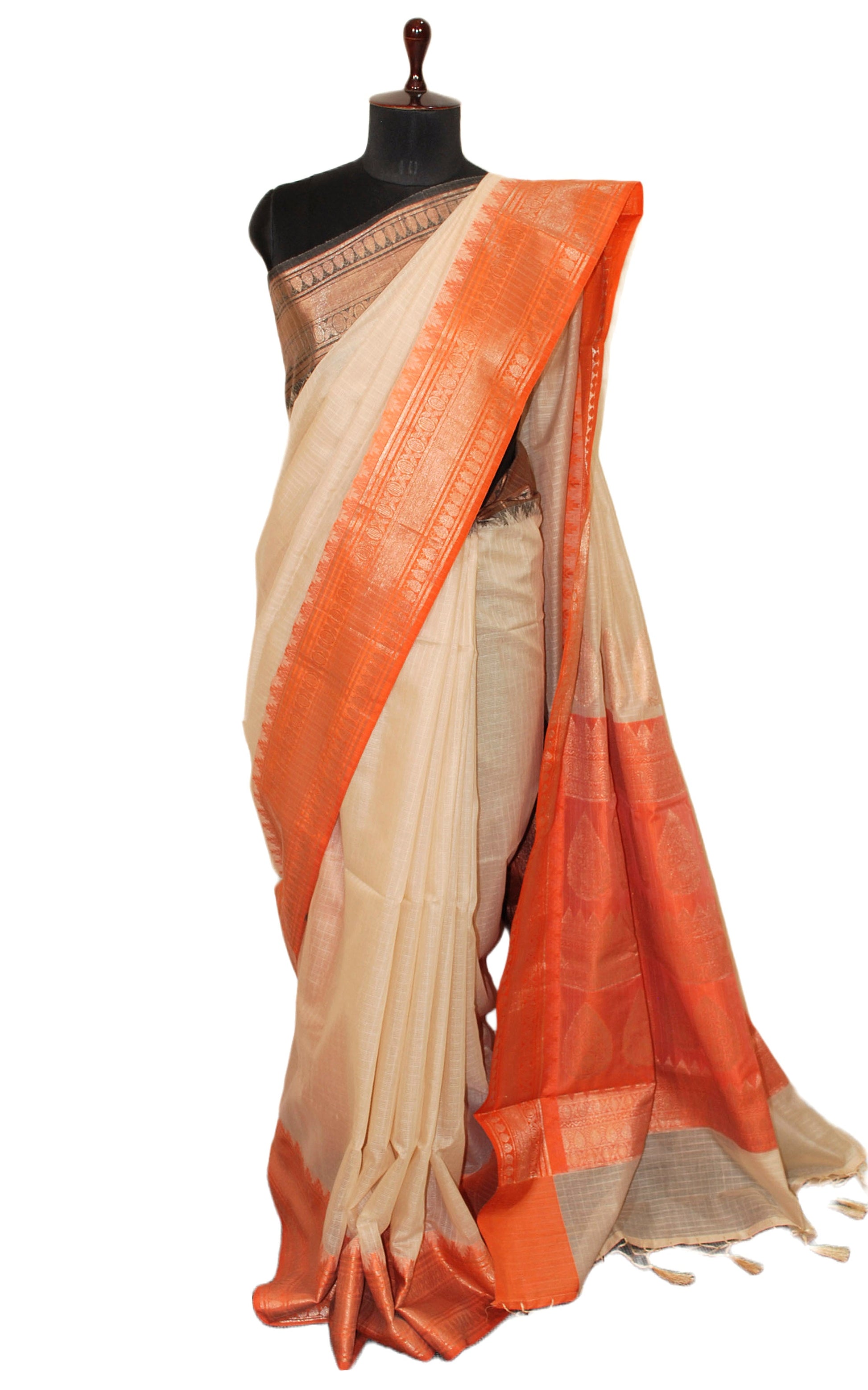 Traditional Ganga Jamuna Border Cotton Kota Checks Gadwal Saree with Rich Pallu in Beige, Orange and Black