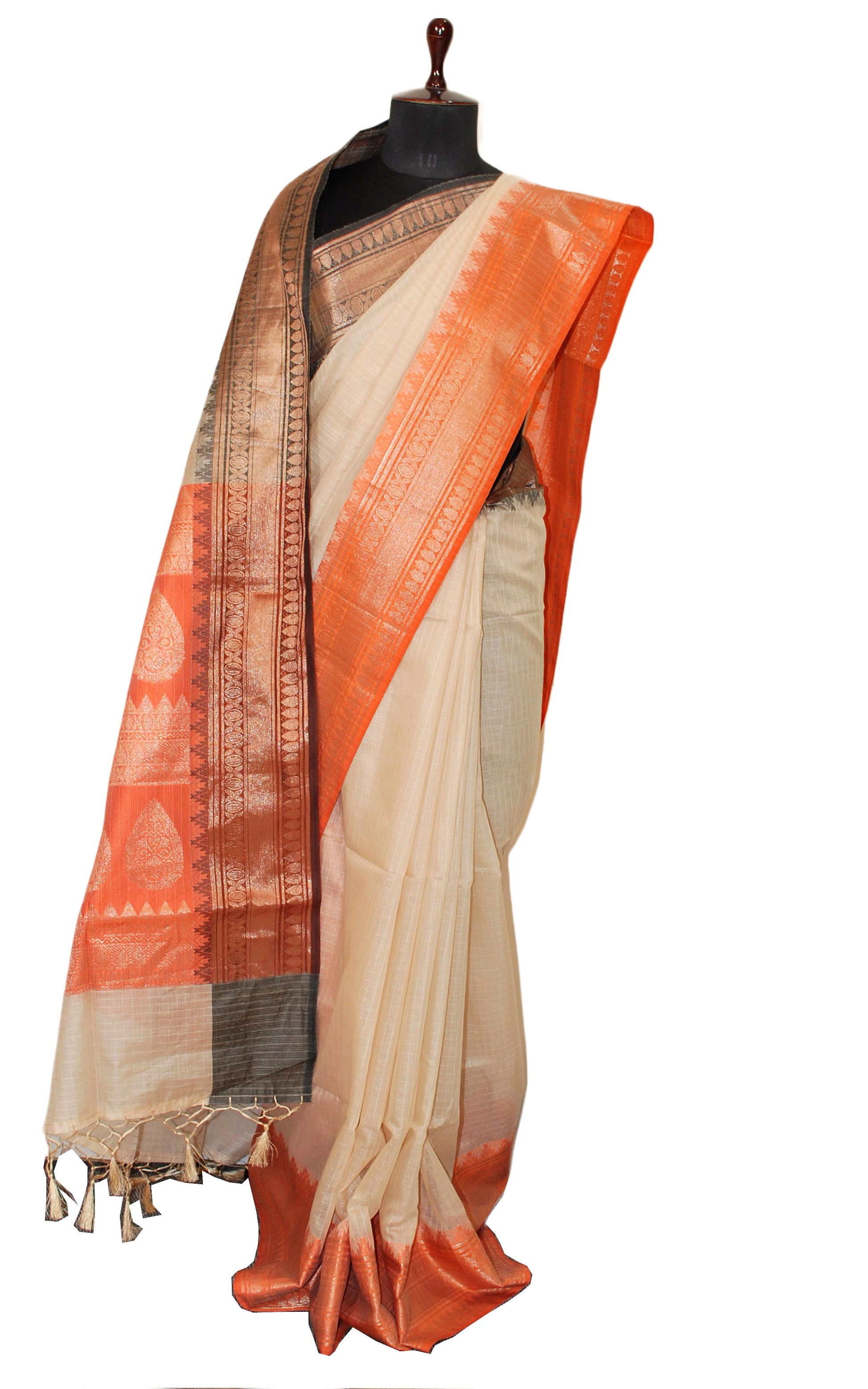 Traditional Ganga Jamuna Border Cotton Kota Checks Gadwal Saree with Rich Pallu in Beige, Orange and Black