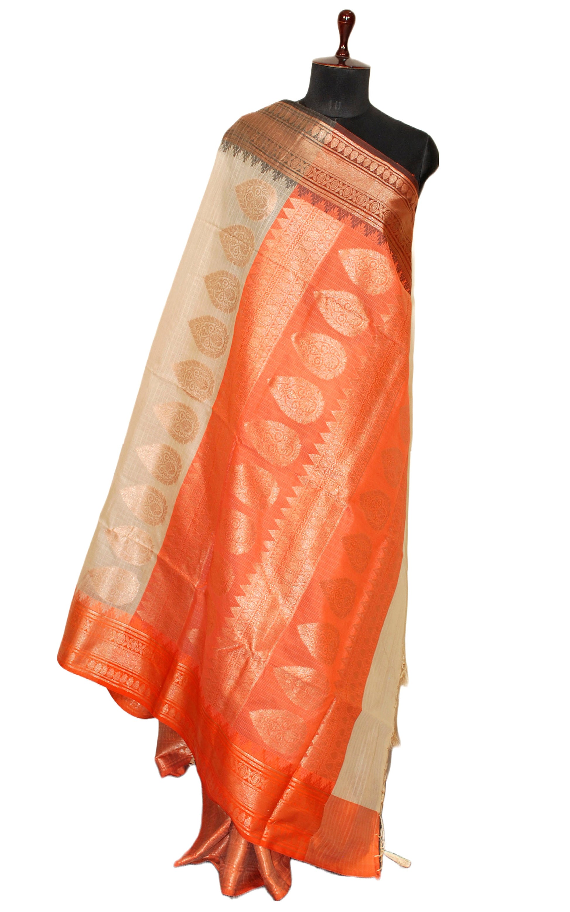 Traditional Ganga Jamuna Border Cotton Kota Checks Gadwal Saree with Rich Pallu in Beige, Orange and Black