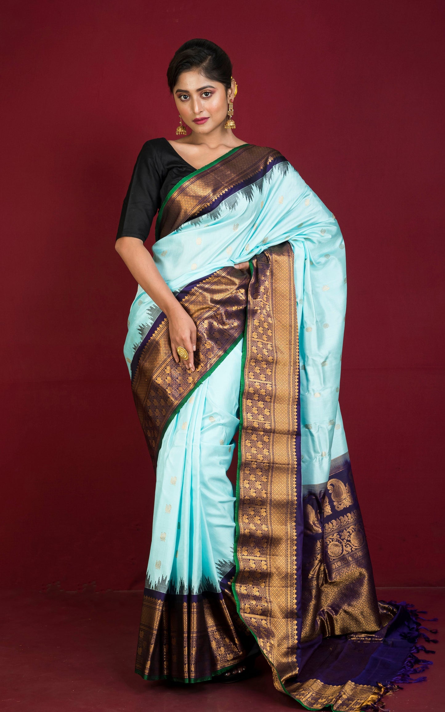 Exclusive Mahapar Gadwal Silk Saree in Baby Blue, Navy Blue, Dark Green and Golden Zari Weave