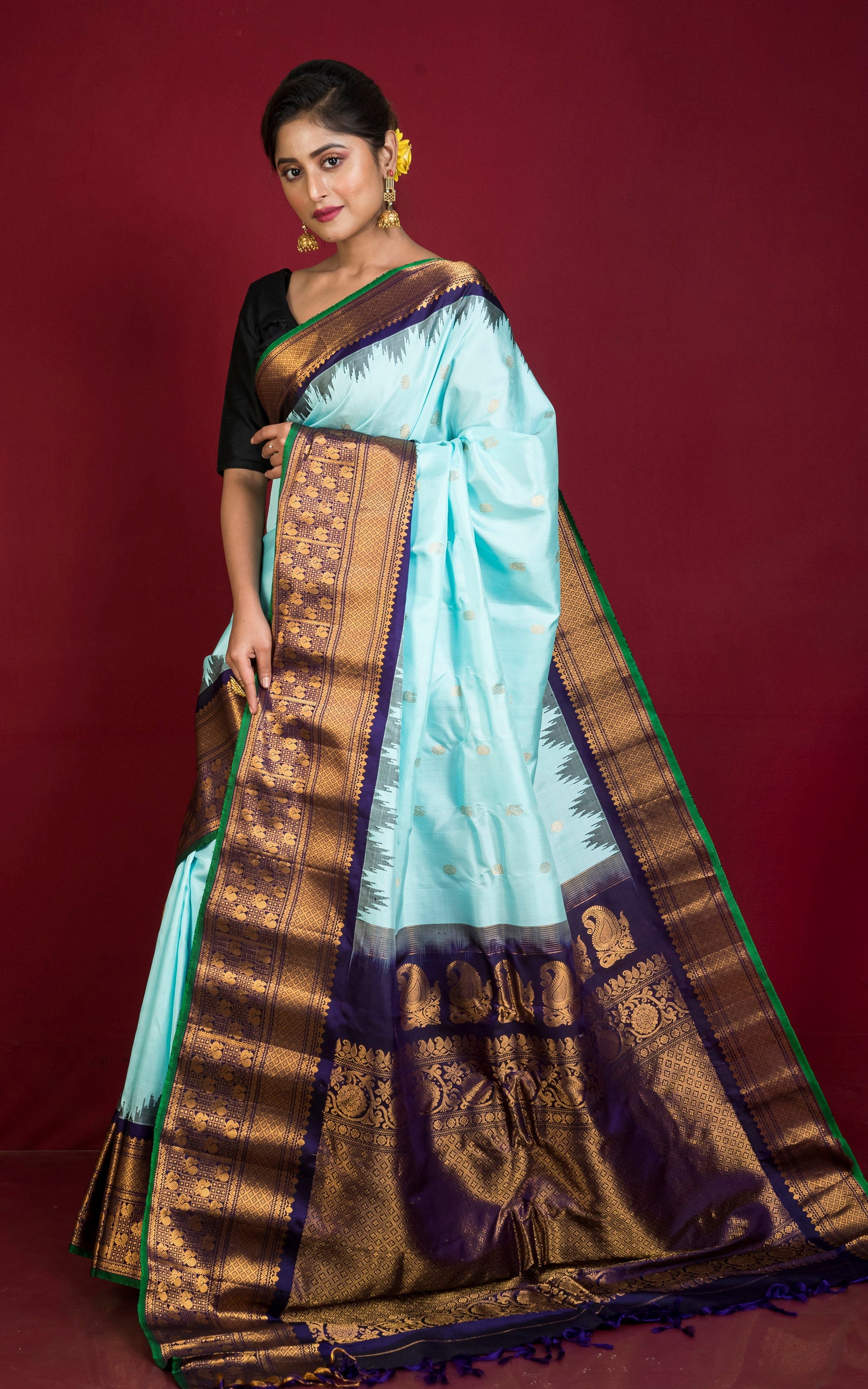 Exclusive Mahapar Gadwal Silk Saree in Baby Blue, Navy Blue, Dark Green and Golden Zari Weave