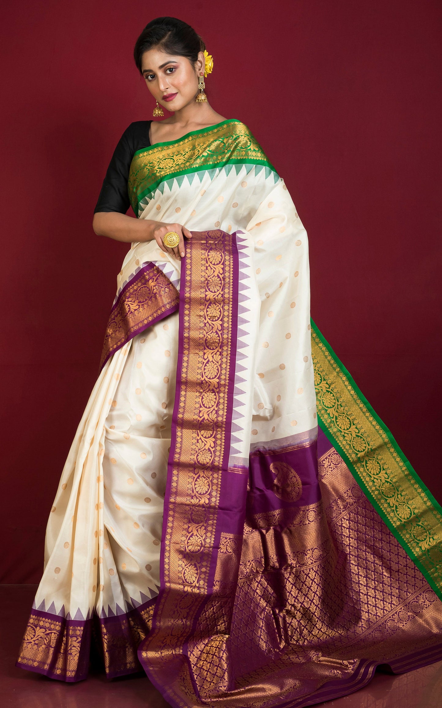 Exclusive Gadwal Silk Saree in Off White, Mulberry Purple, Natural Green and Golden Zari Weave