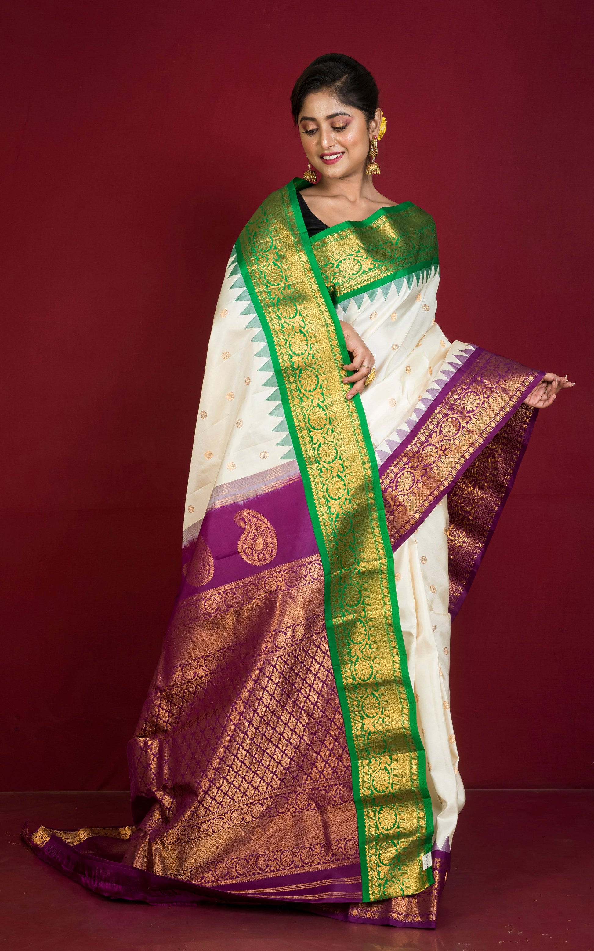 Exclusive Gadwal Silk Saree in Off White, Mulberry Purple, Natural Green and Golden Zari Weave