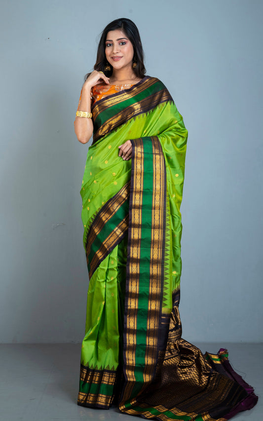 Handwoven Metro Temple Border Gadwal Silk Saree in Kelly Green, Black and Golden Zari Work