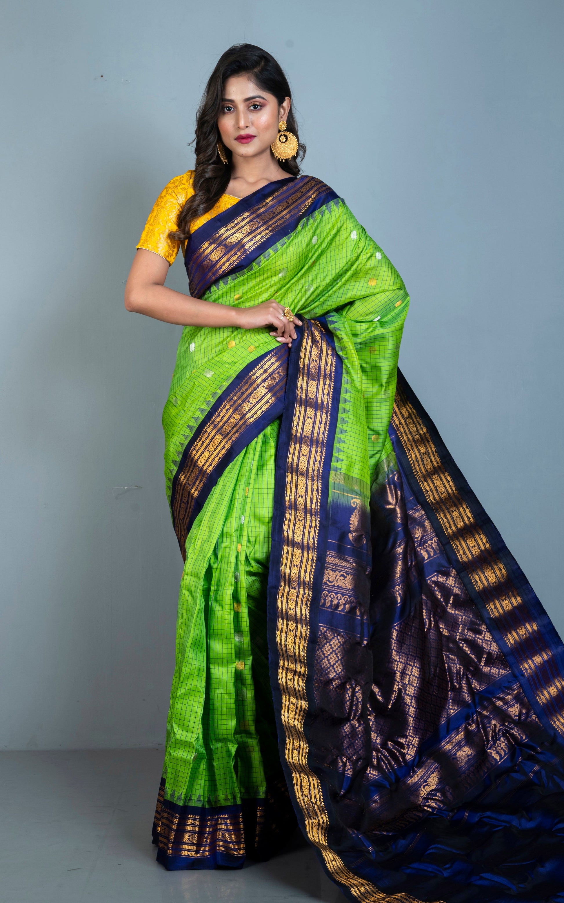 Exclusive Micro Checks Gadwal Silk Saree in Bright Green, Purplish Blue and Golden Zari Work