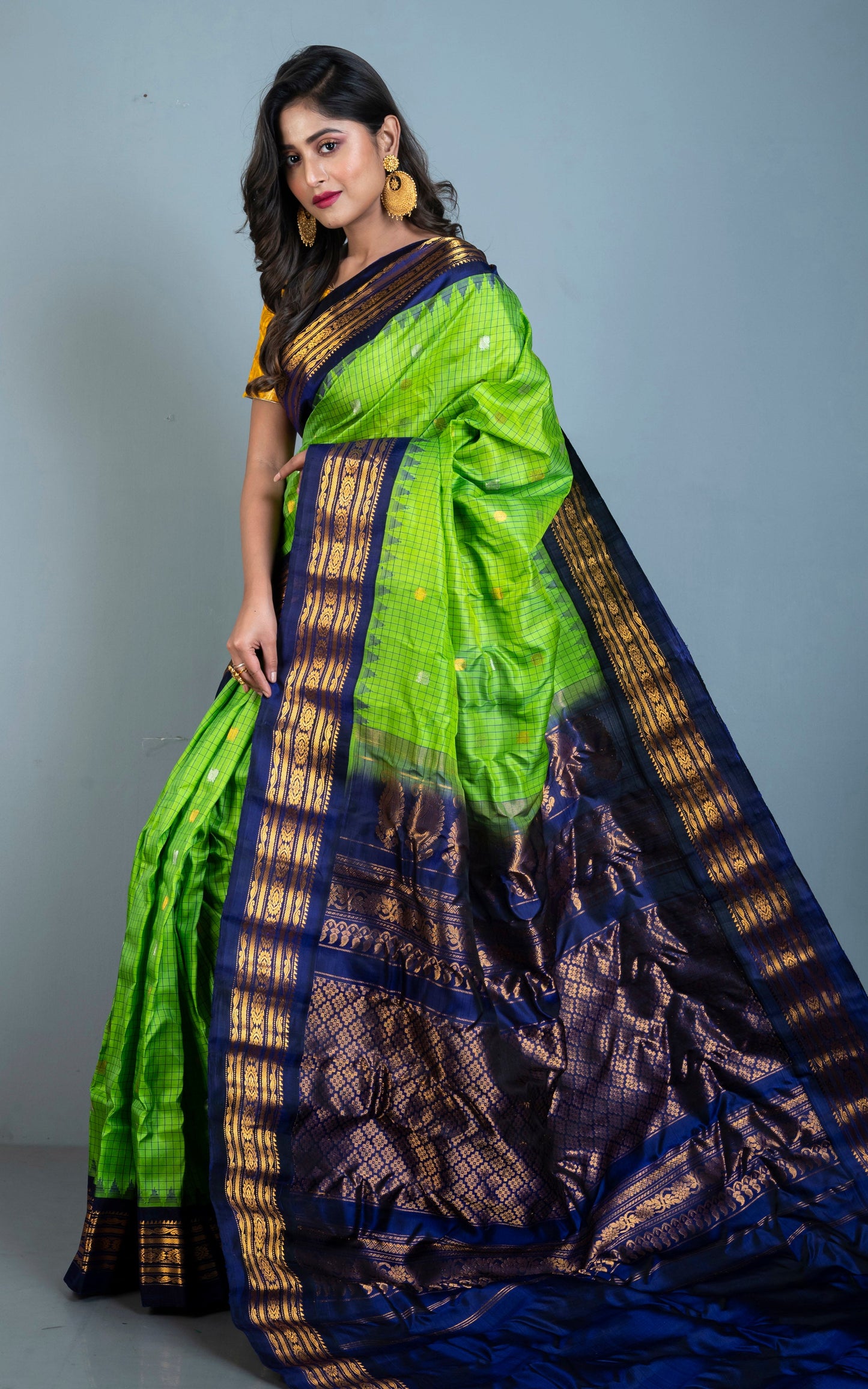 Exclusive Micro Checks Gadwal Silk Saree in Bright Green, Purplish Blue and Golden Zari Work