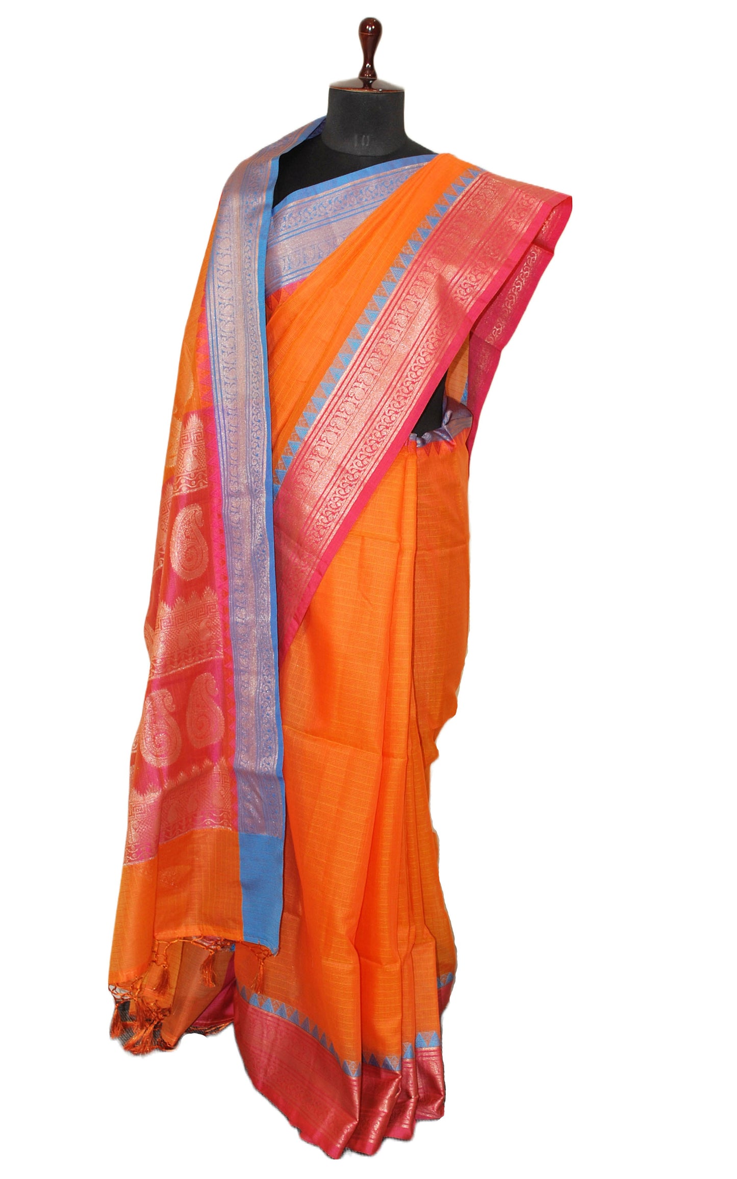 Traditional Ganga Jamuna Border Cotton Kota Checks Gadwal Saree with Rich Pallu in Orange, Blue and Hot Pink