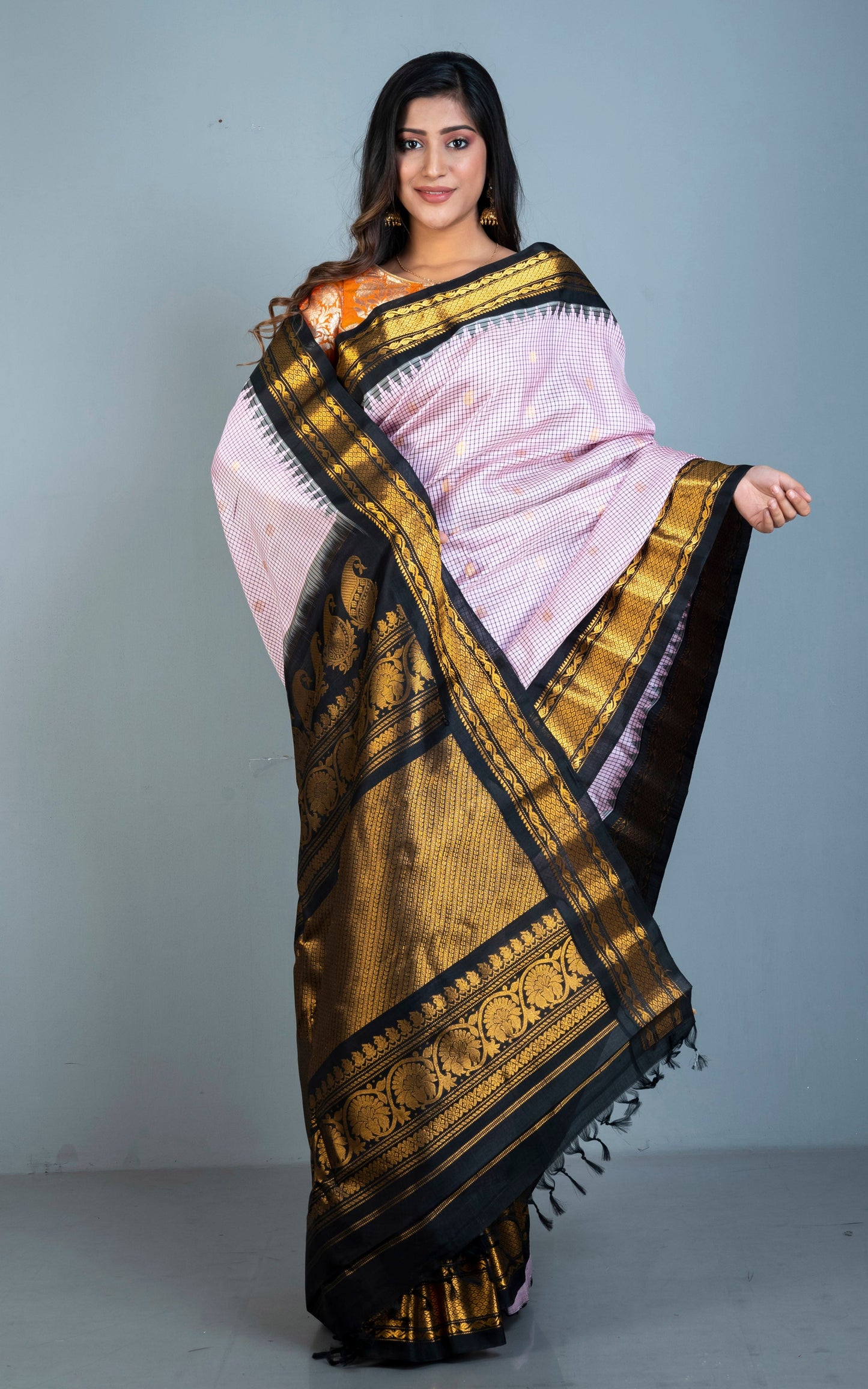 Exclusive Micro Checks Gadwal Silk Saree in Light Pastel Pink, Black and Golden Zari Work