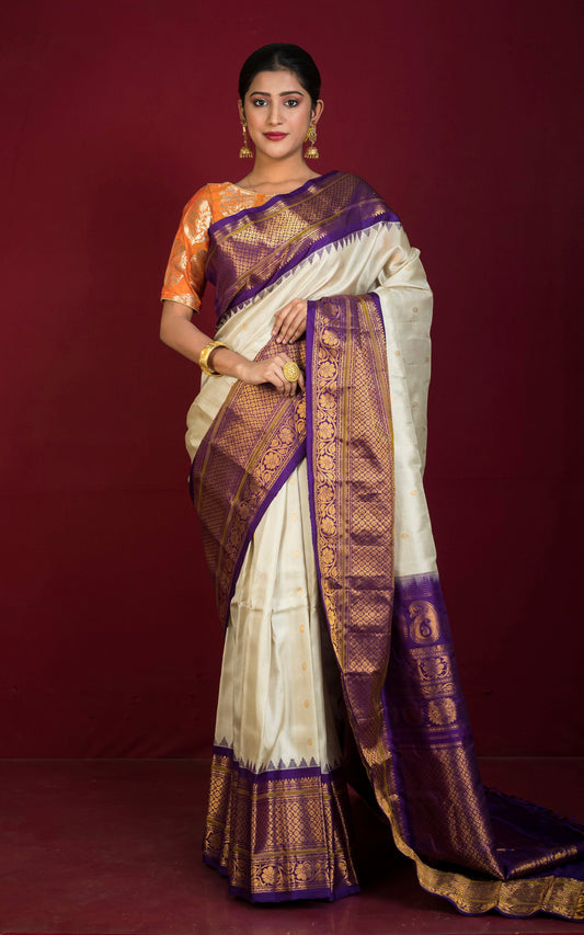 Exclusive Mahapar Gadwal Silk Saree in Beige, Eggplant Purple, Mehndi Green and Golden Zari Weave