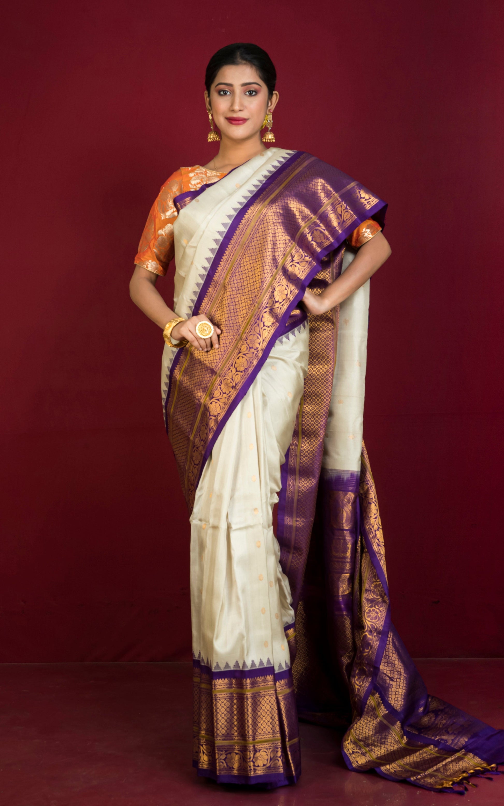 Exclusive Mahapar Gadwal Silk Saree in Beige, Eggplant Purple, Mehndi Green and Golden Zari Weave