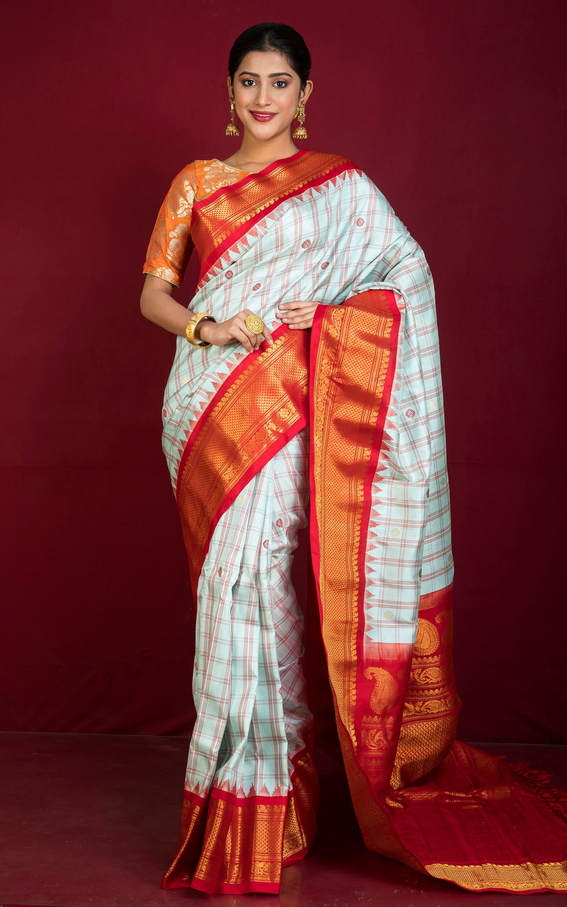 Exclusive Woven Mahapar Contrast Checks Gadwal Silk Saree in Icy Blue, Red and Golden Zari Weave