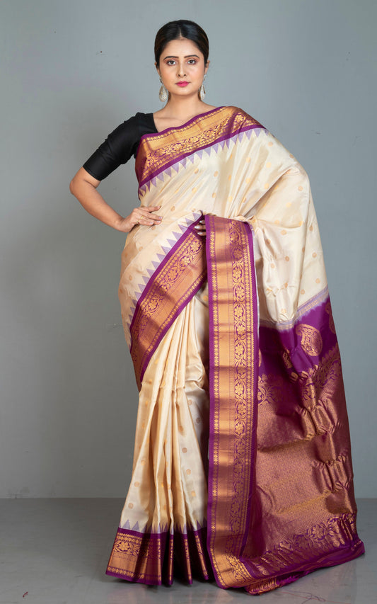 Handwoven Exclusive Gadwal Silk Saree in Beige, Purple and Golden Zari Work