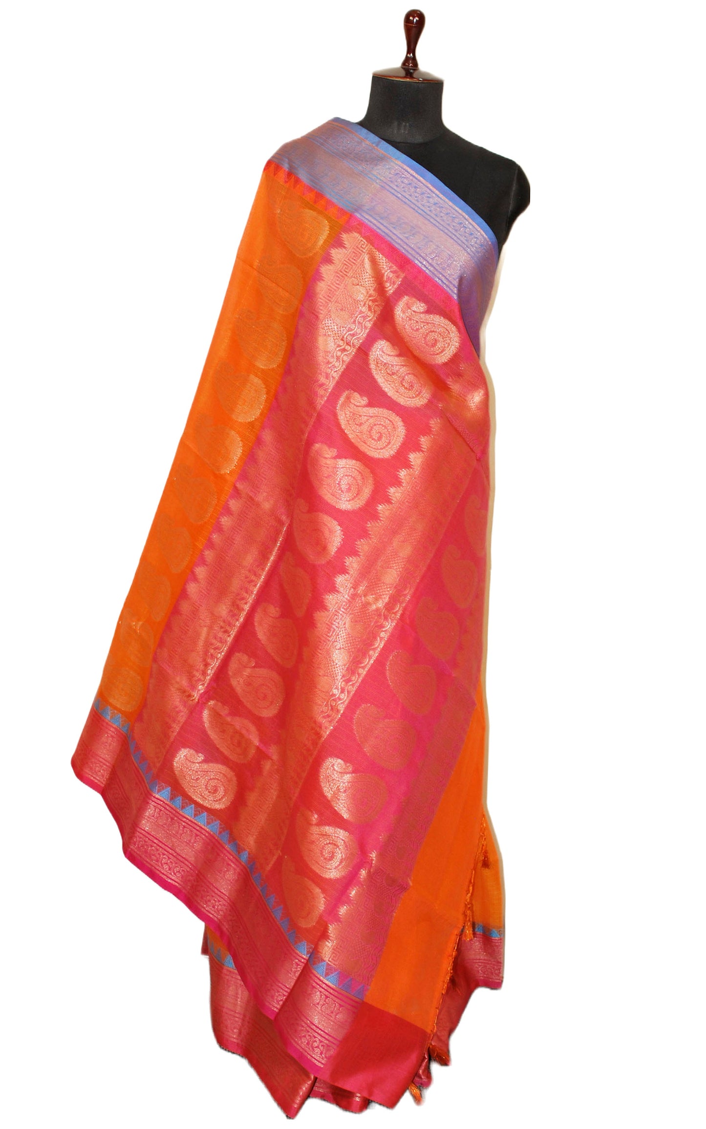 Traditional Ganga Jamuna Border Cotton Kota Checks Gadwal Saree with Rich Pallu in Orange, Blue and Hot Pink