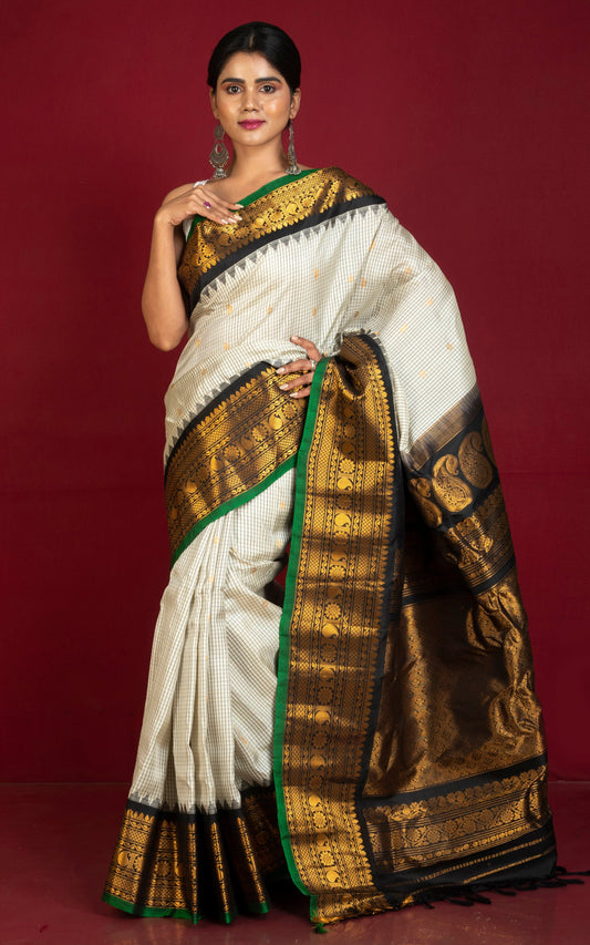 Exclusive Woven Mahapar Contrast Checks Gadwal Silk Saree in Pearl White, Black, Green and Golden Zari Weave