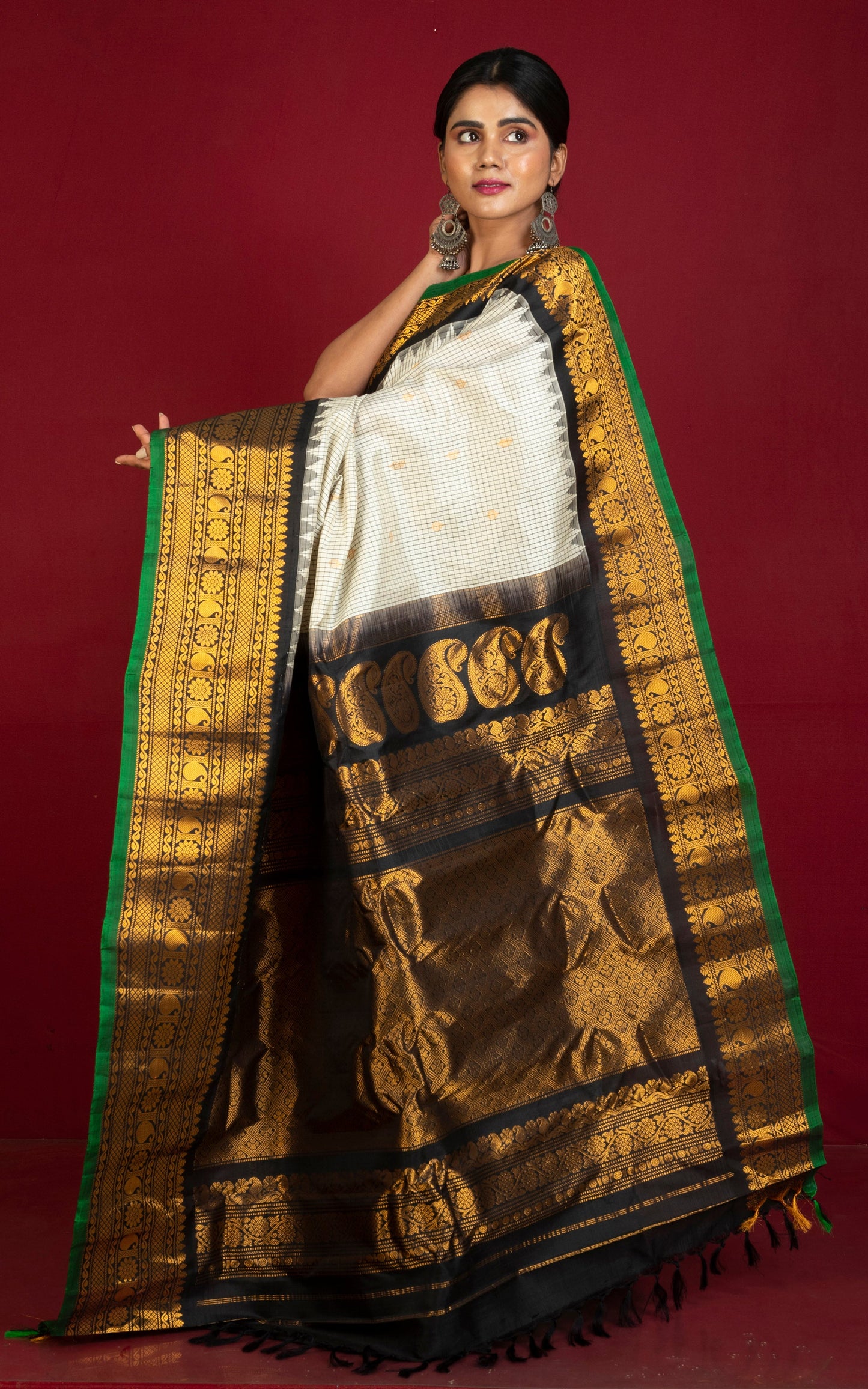 Exclusive Woven Mahapar Contrast Checks Gadwal Silk Saree in Pearl White, Black, Green and Golden Zari Weave