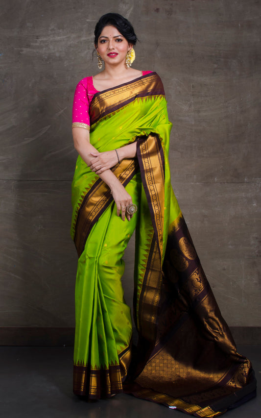 Exclusive Gadwal Silk Saree in Lime Green and Snuff Brown