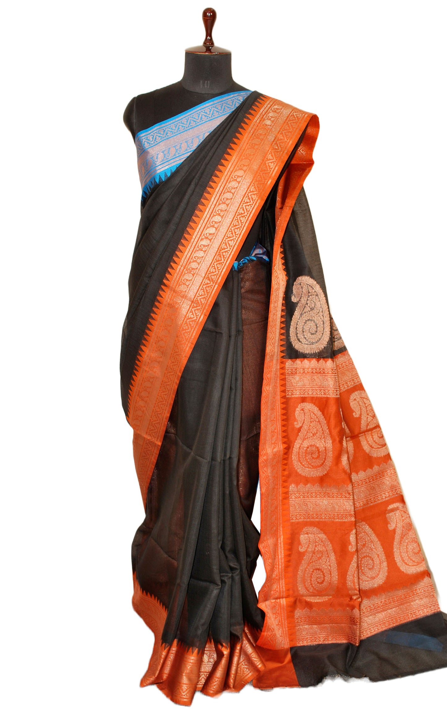 Traditional Ganga Jamuna Border Cotton Kota Checks Gadwal Saree with Rich Pallu in Black, Burnt Orange and Sky Blue