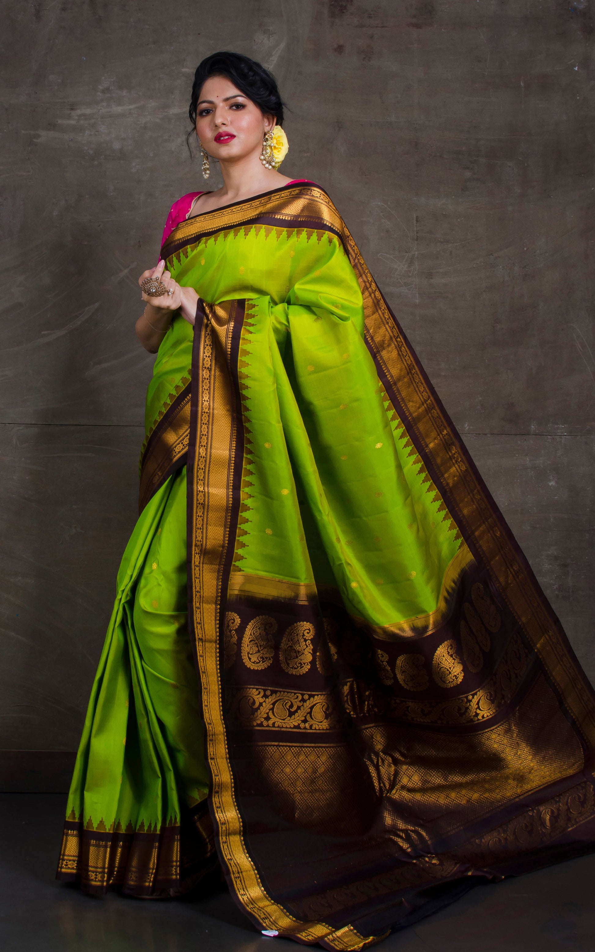 Exclusive Gadwal Silk Saree in Lime Green and Snuff Brown