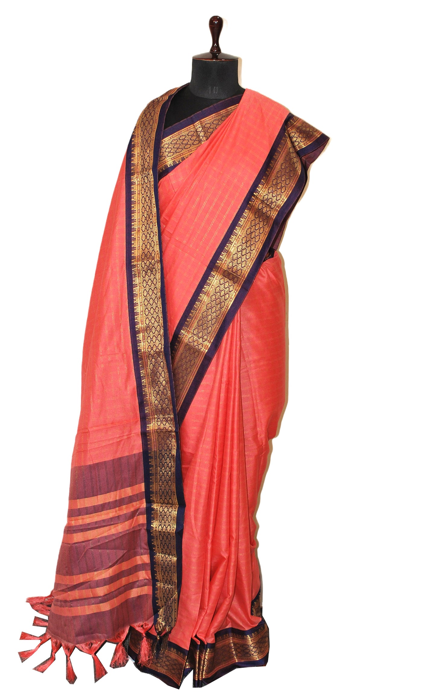 Blended Cotton Checks Gadwal Saree in Strawberry Pink. Navy Blue and Golden