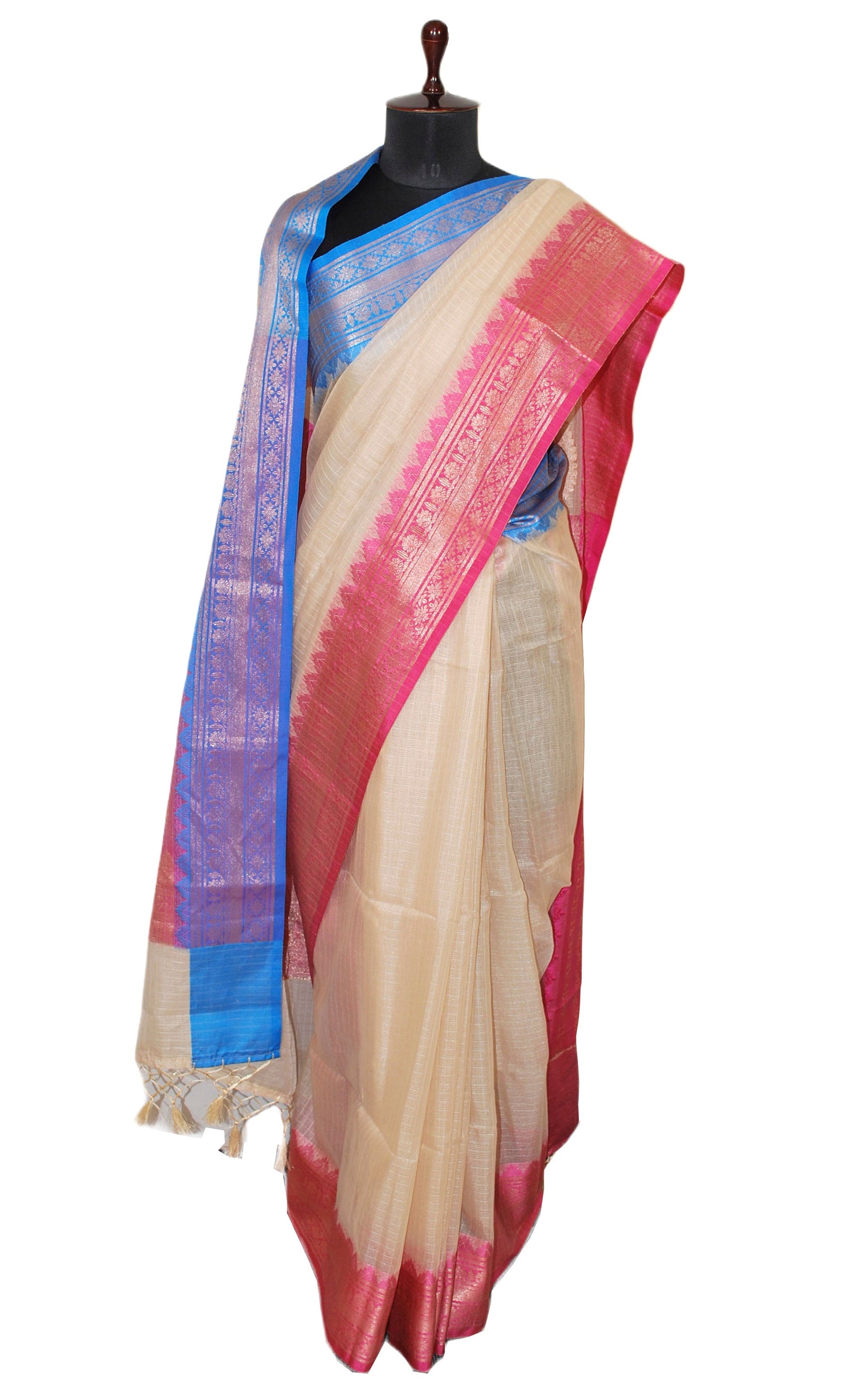 Traditional Ganga Jamuna Border Cotton Kota Checks Gadwal Saree with Rich Pallu in Parmesan, Hot Pink and Blue