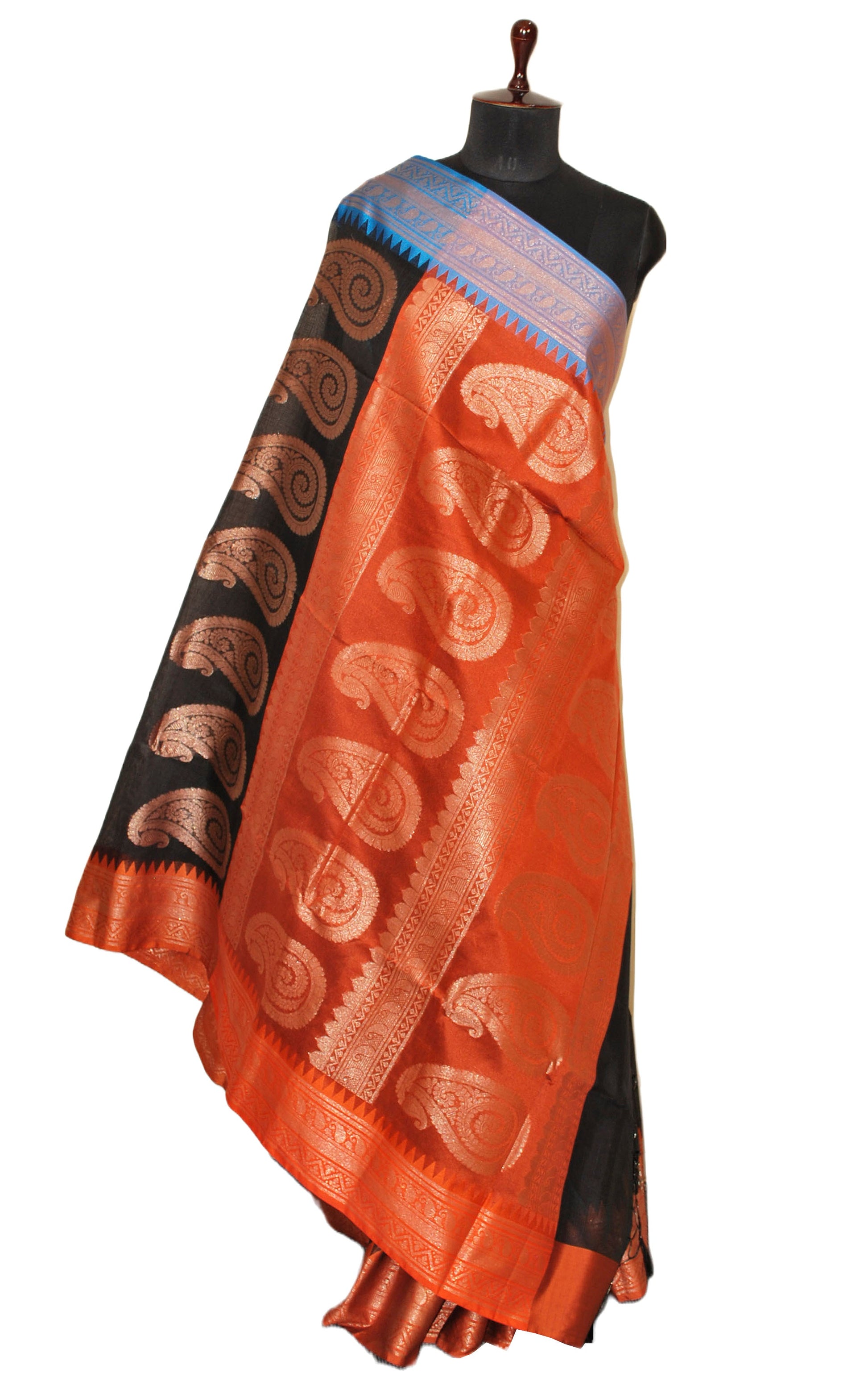 Traditional Ganga Jamuna Border Cotton Kota Checks Gadwal Saree with Rich Pallu in Black, Burnt Orange and Sky Blue