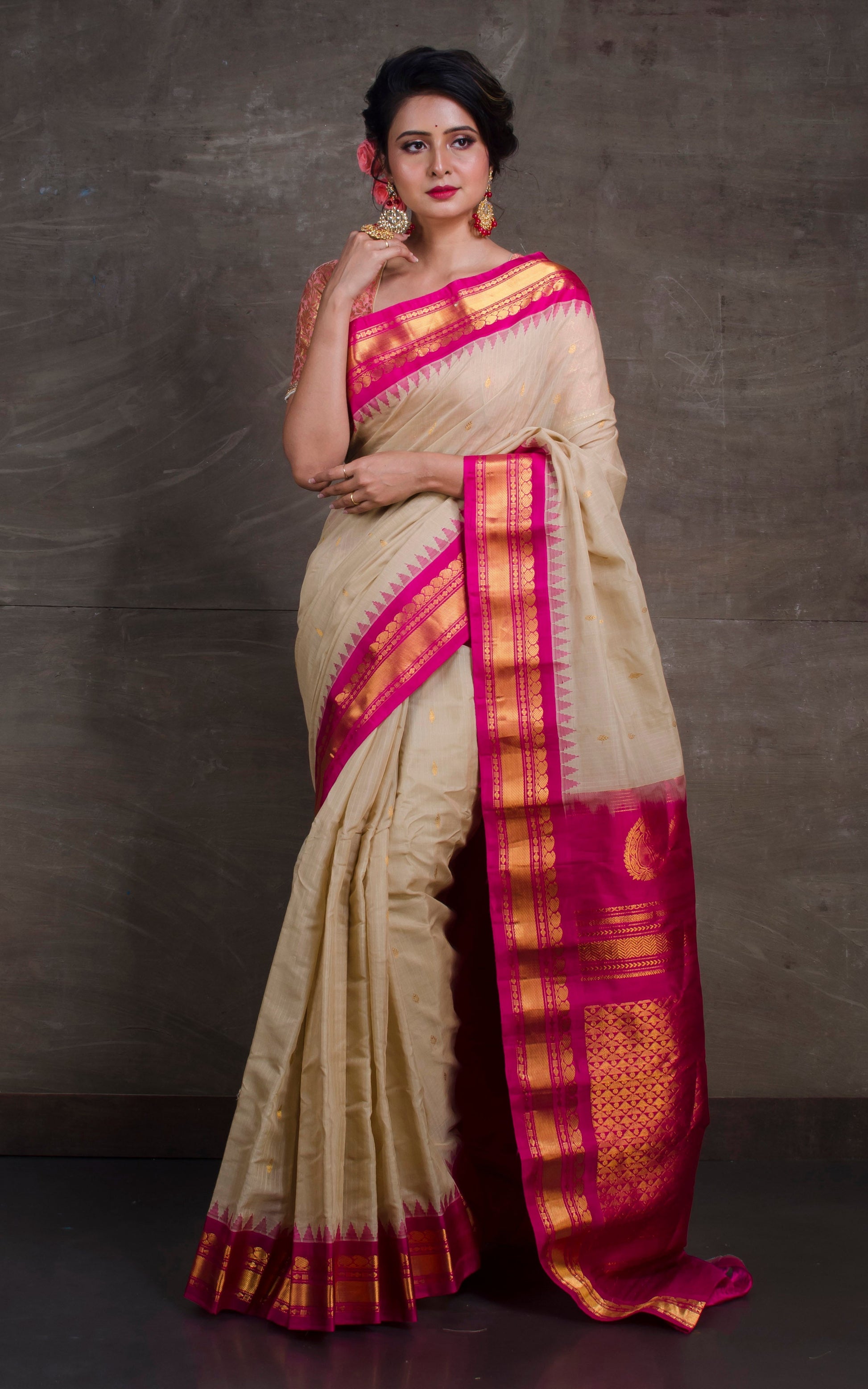 Exclusive Gadwal Seiko Silk Saree in Beige and Hot Pink