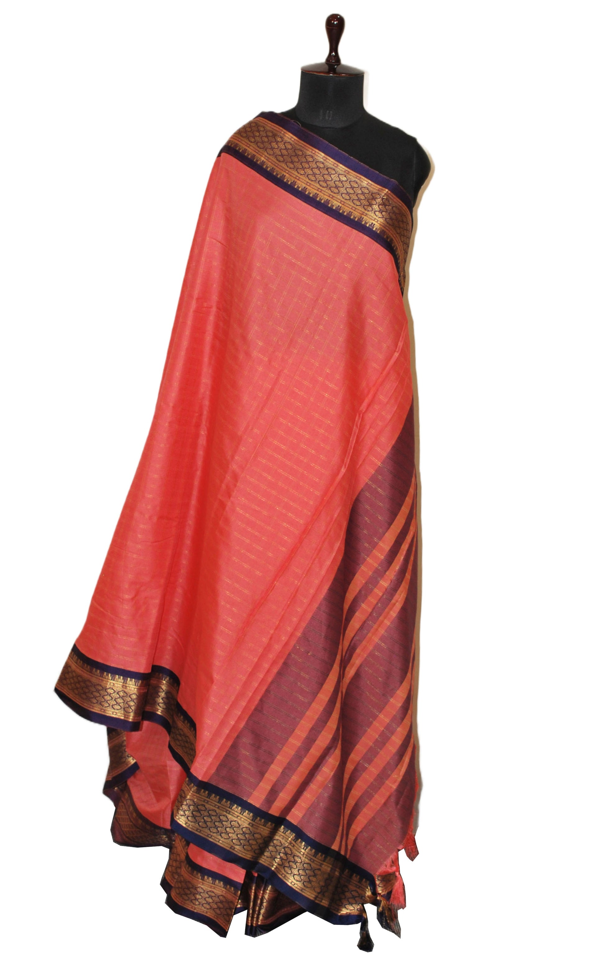 Blended Cotton Checks Gadwal Saree in Strawberry Pink. Navy Blue and Golden