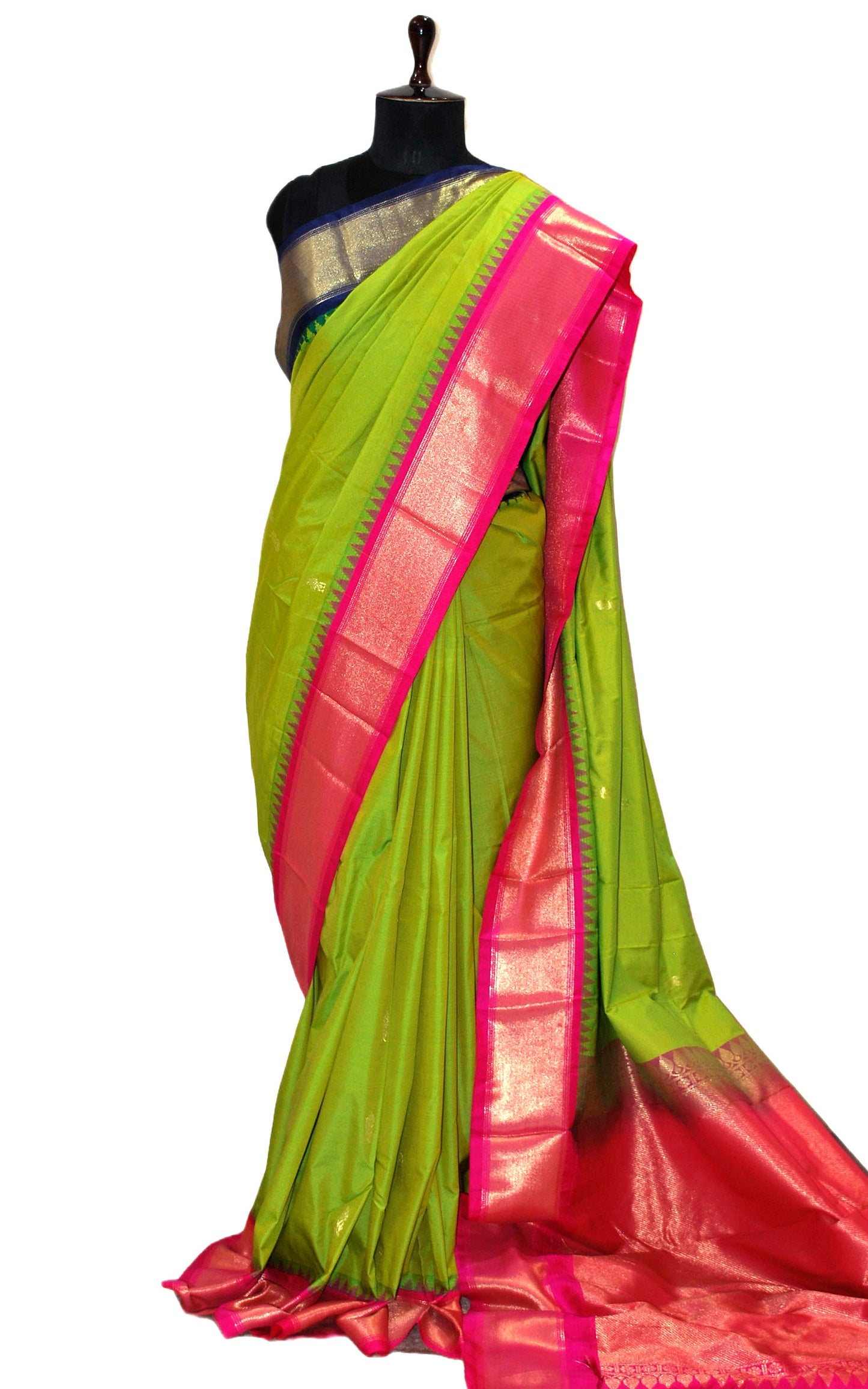 Blended Gadwal Silk Saree in Sheen Green, Navy Blue and Hot Pink