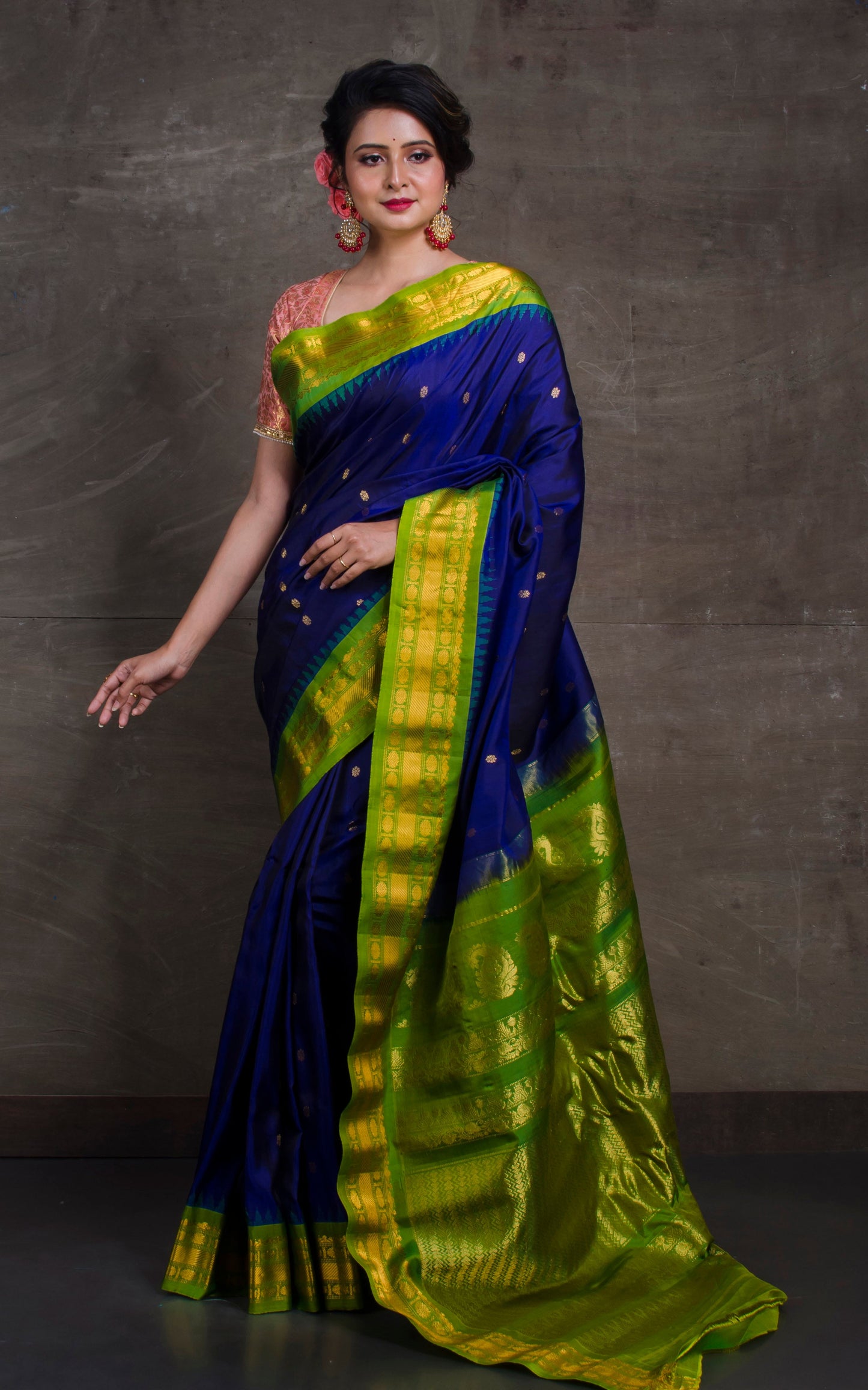 Exclusive Gadwal Silk Saree in Royal Blue and Green