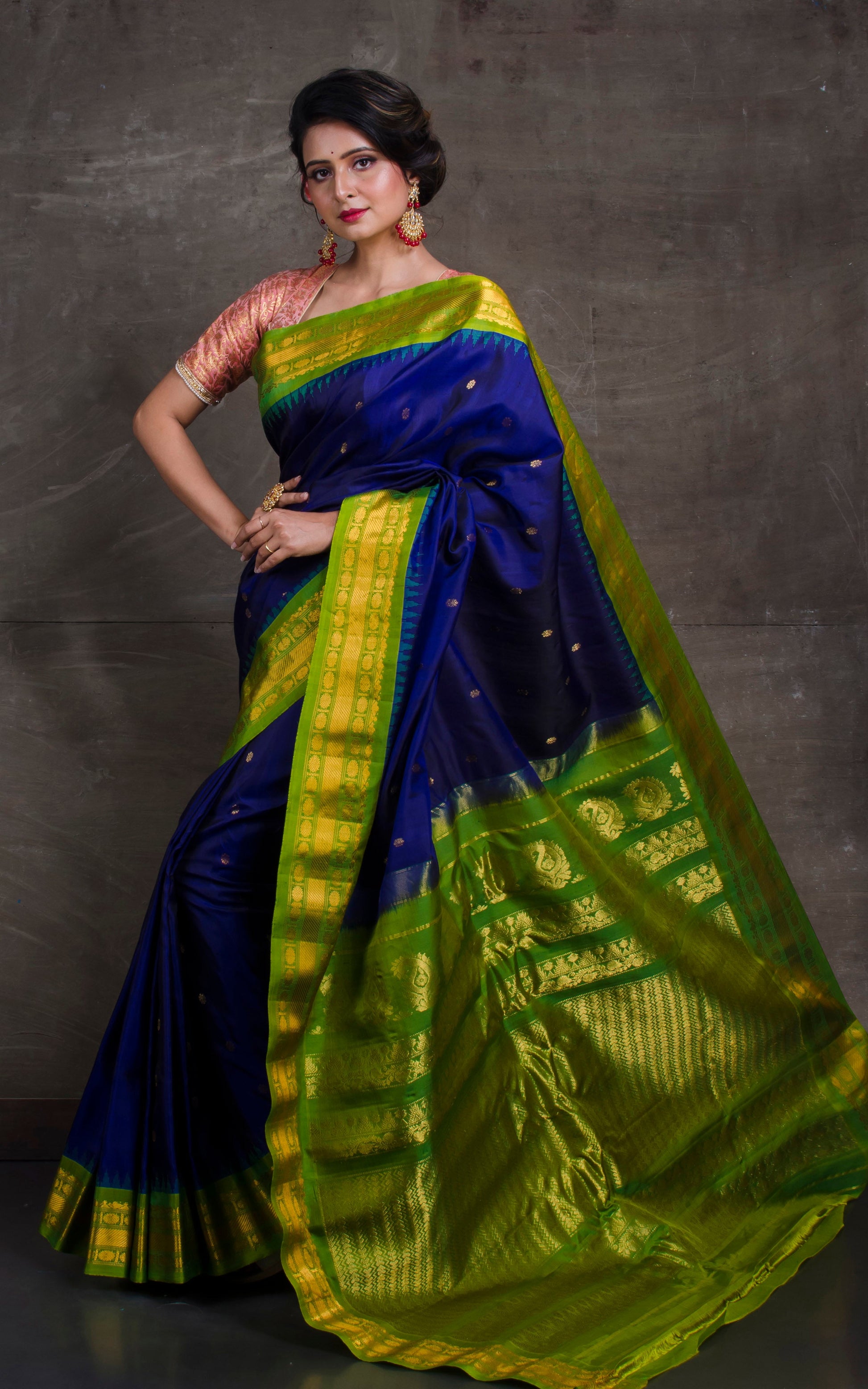 Exclusive Gadwal Silk Saree in Royal Blue and Green