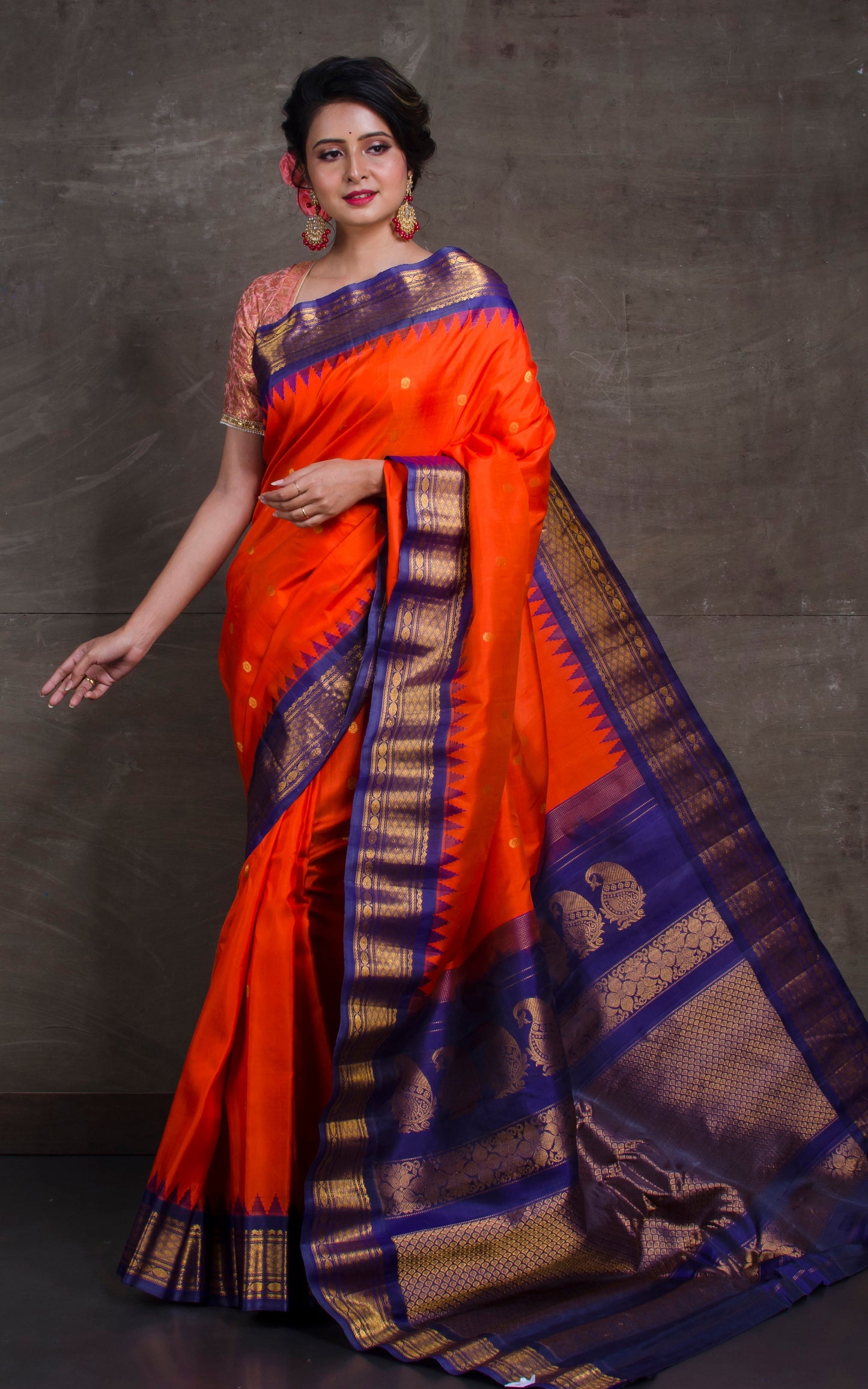 Exclusive Gadwal Silk Saree in Orange and Navy Blue