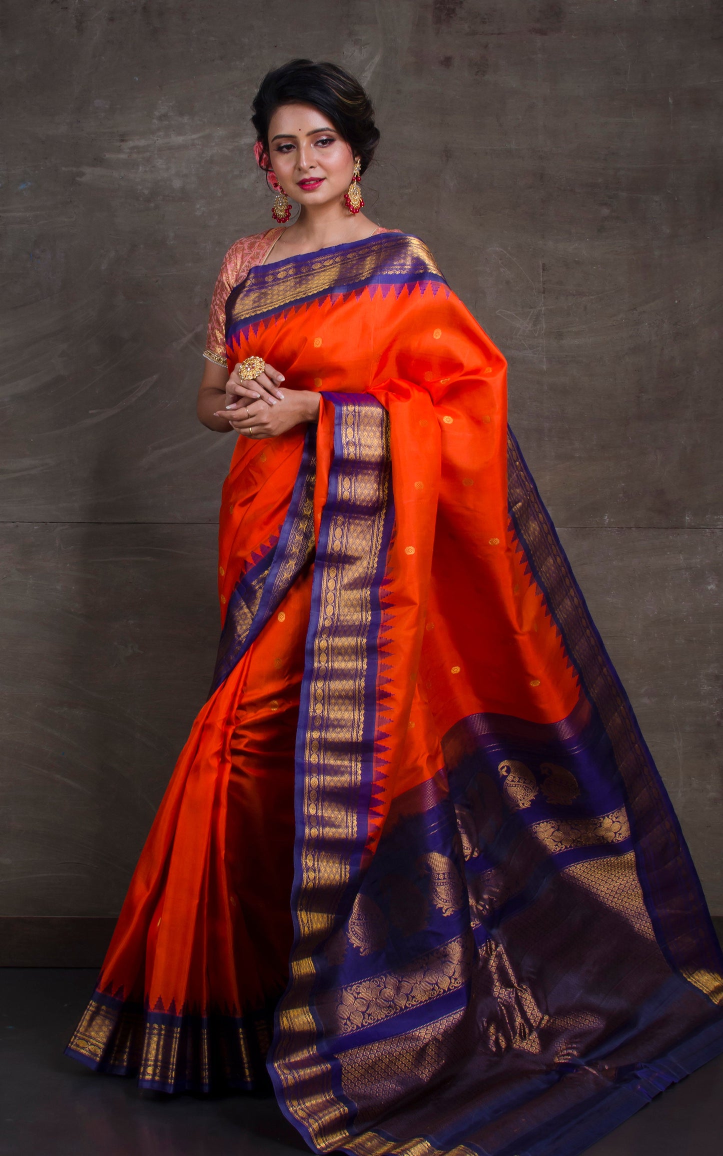 Exclusive Gadwal Silk Saree in Orange and Navy Blue