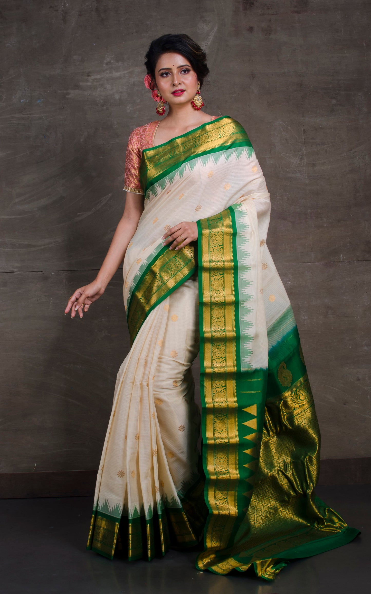 Exclusive Gadwal Seiko Silk Saree in Off White and Green