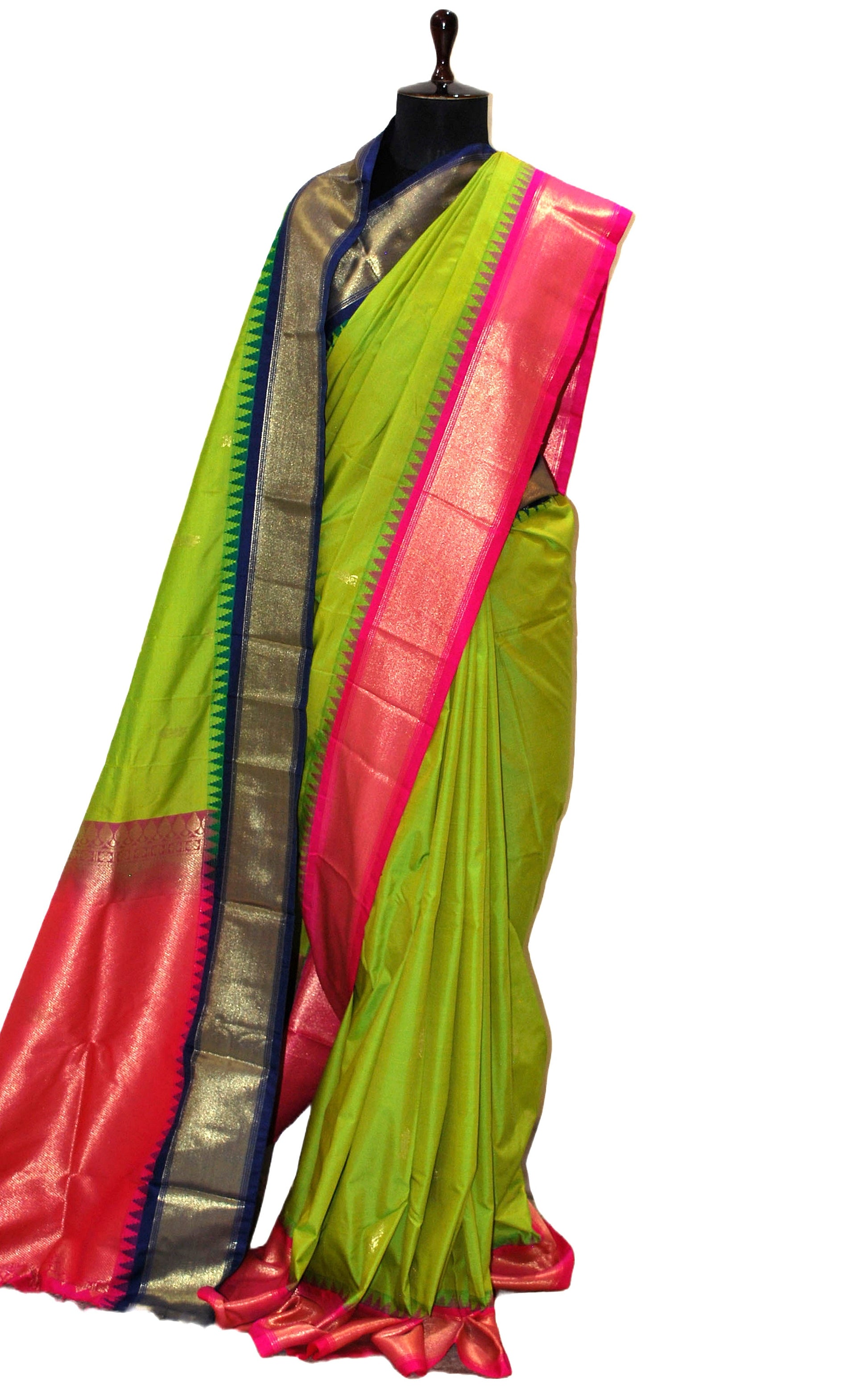 Blended Gadwal Silk Saree in Sheen Green, Navy Blue and Hot Pink