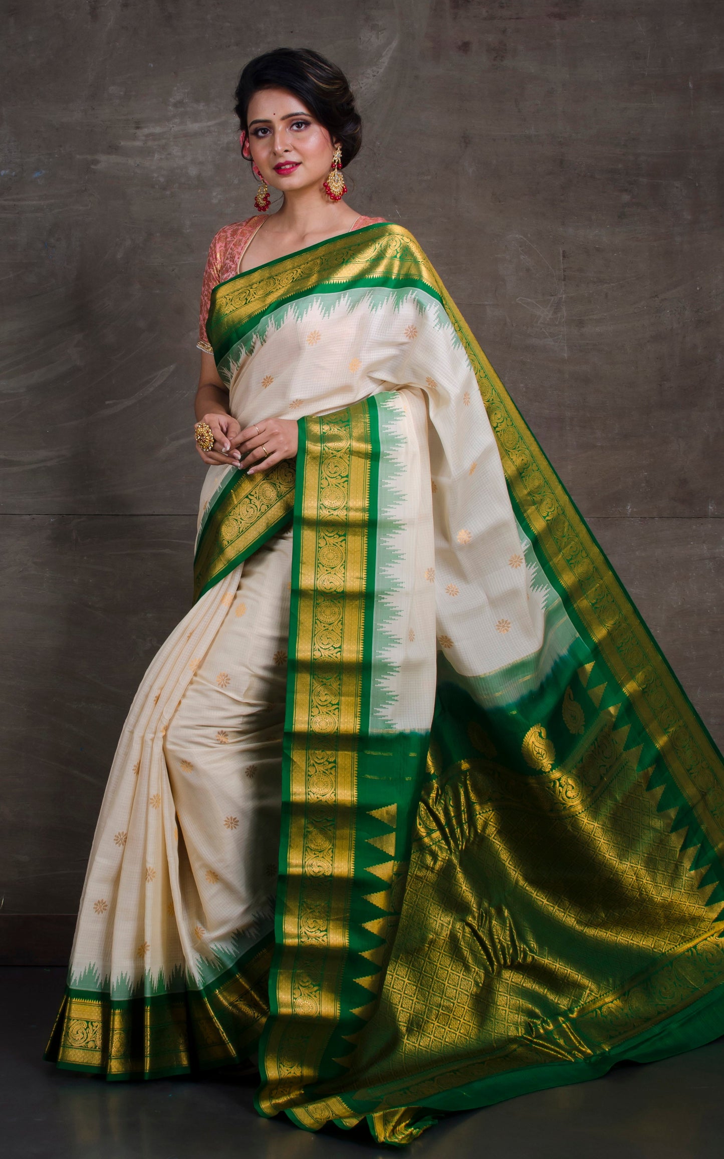 Exclusive Gadwal Seiko Silk Saree in Off White and Green