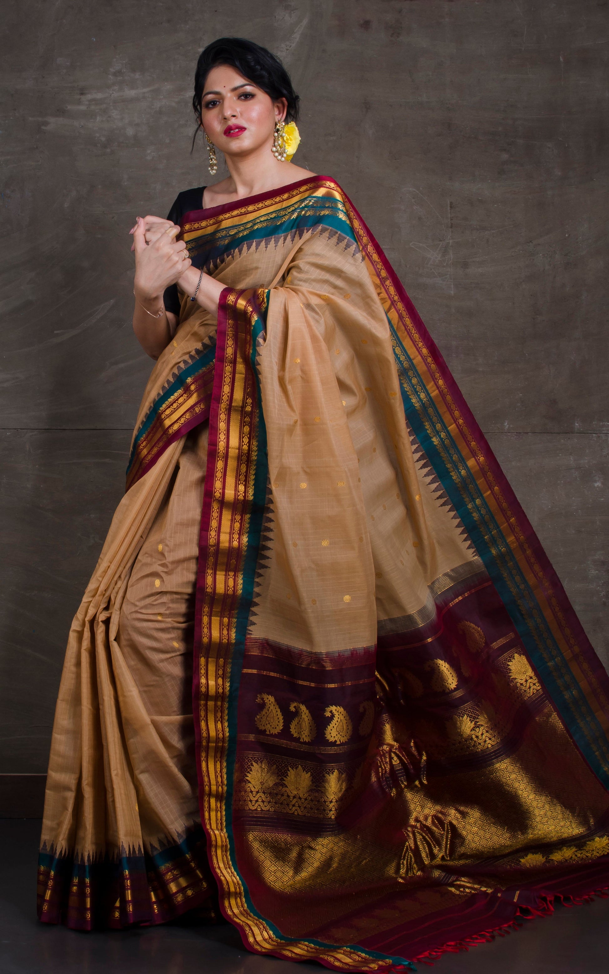 Exclusive Gadwal Seiko Silk Saree in Biscotti, Maroon & Teal Green