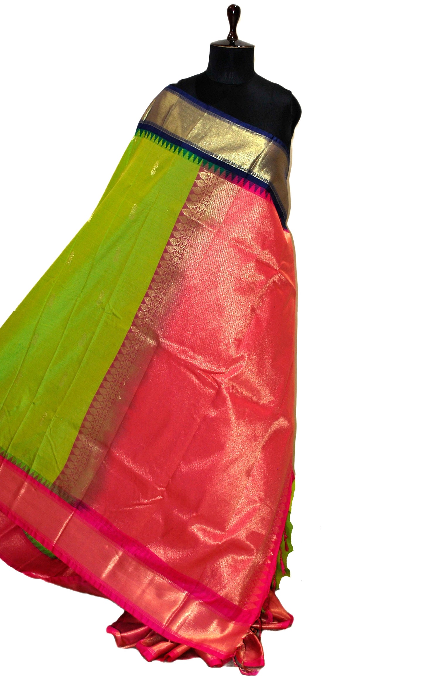 Blended Gadwal Silk Saree in Sheen Green, Navy Blue and Hot Pink