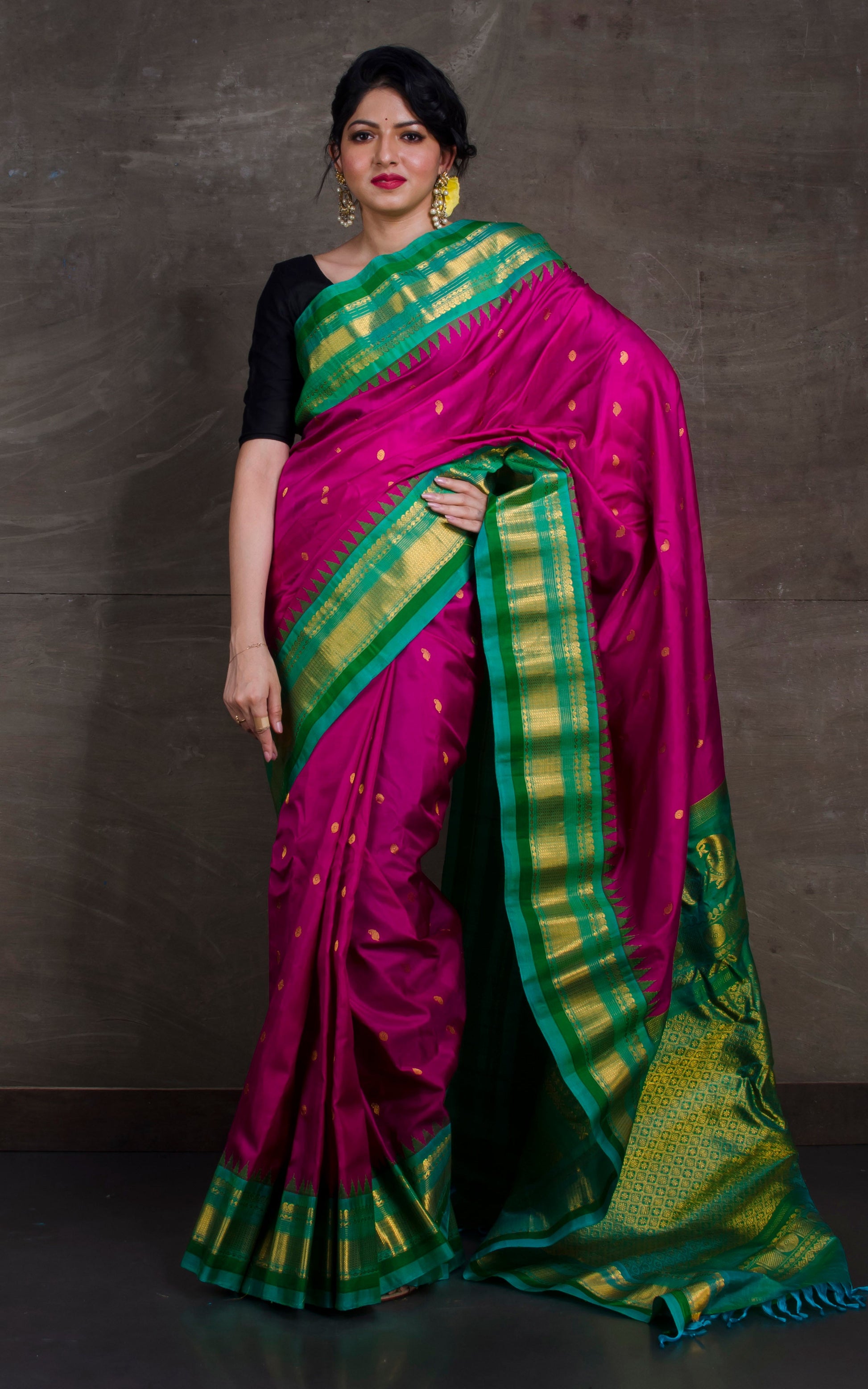 Exclusive Gadwal Silk Saree in Magenta Pink and Seafoam Green