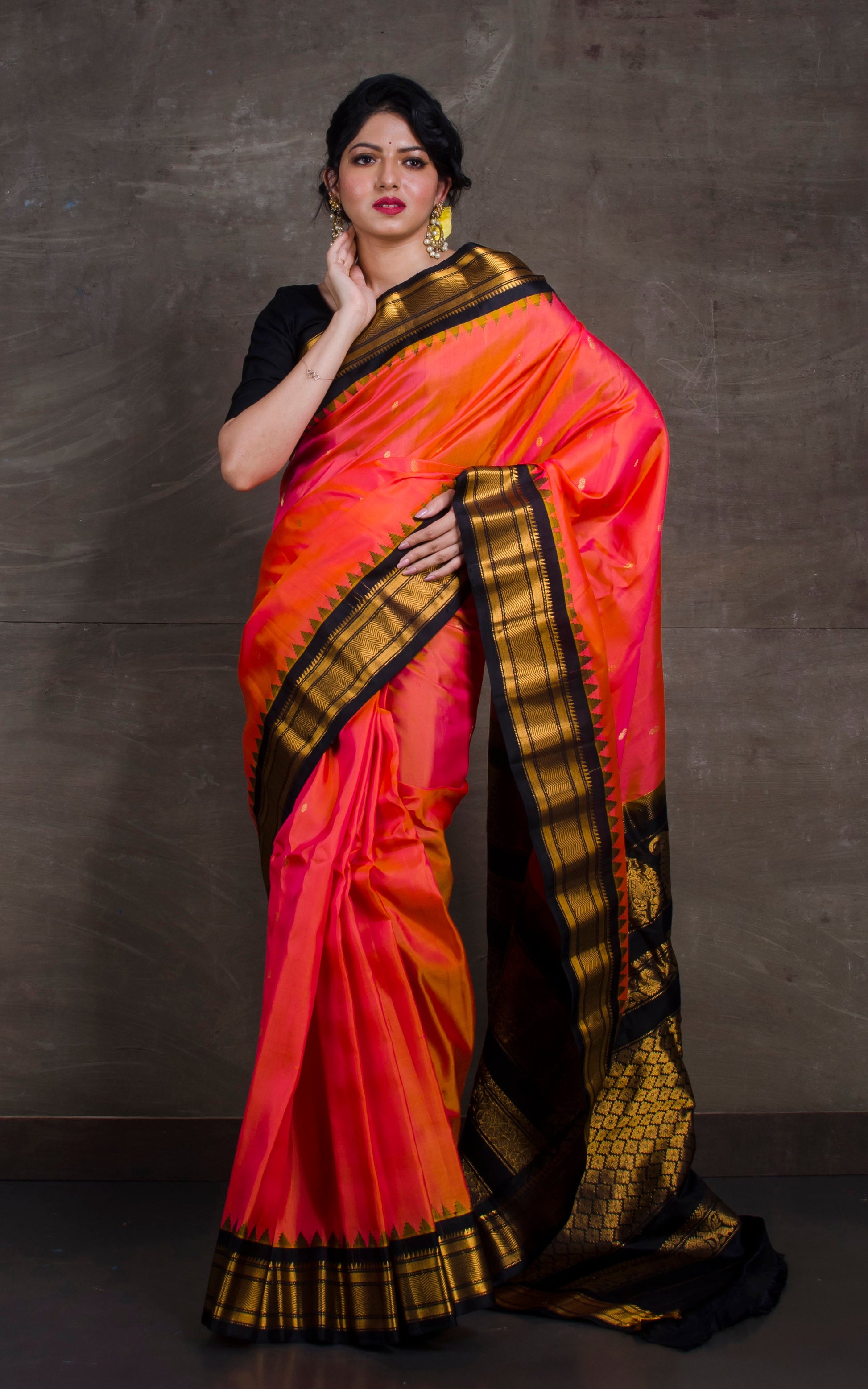 Exclusive Gadwal Silk Saree in Dark Peach and Black