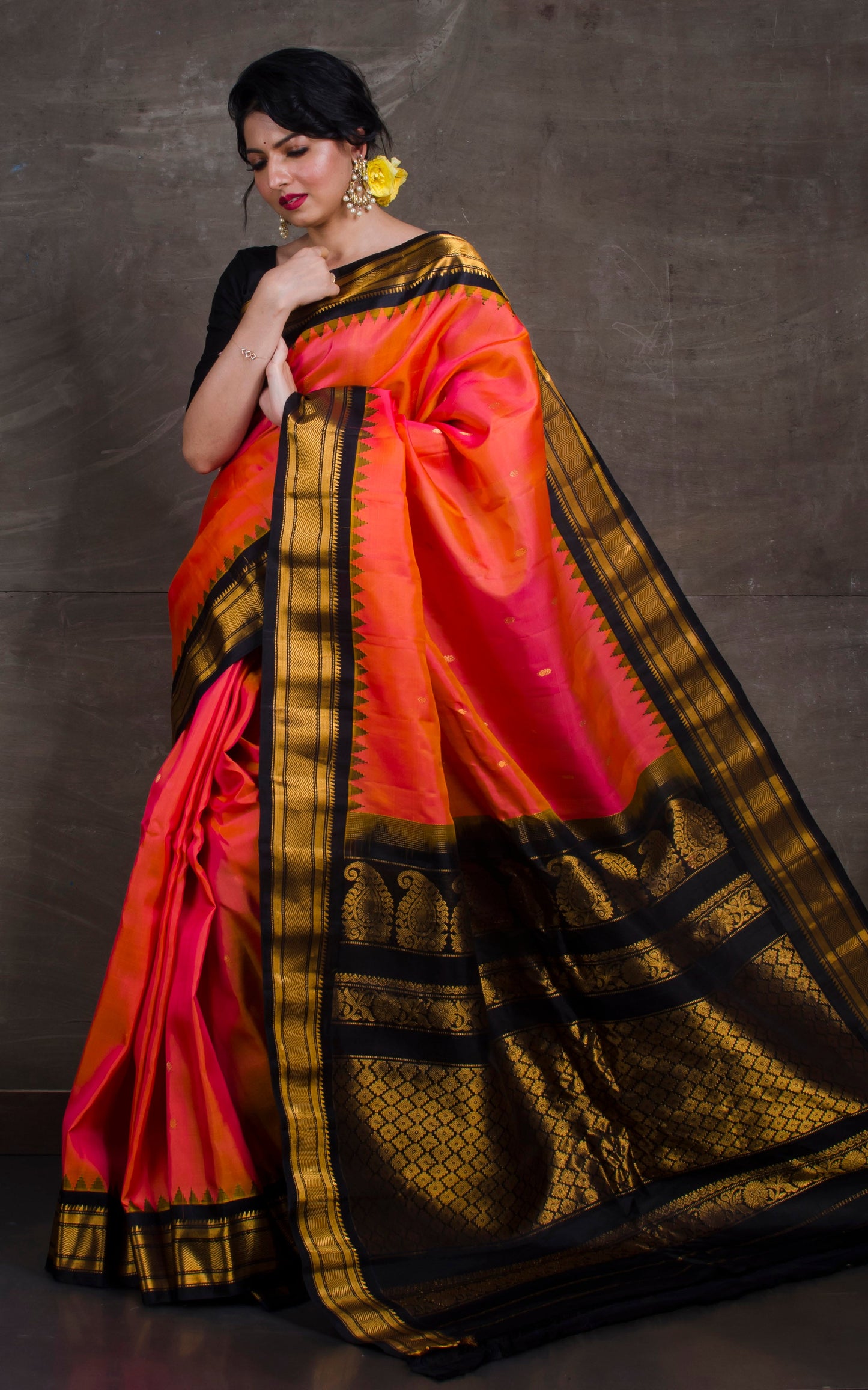 Exclusive Gadwal Silk Saree in Dark Peach and Black