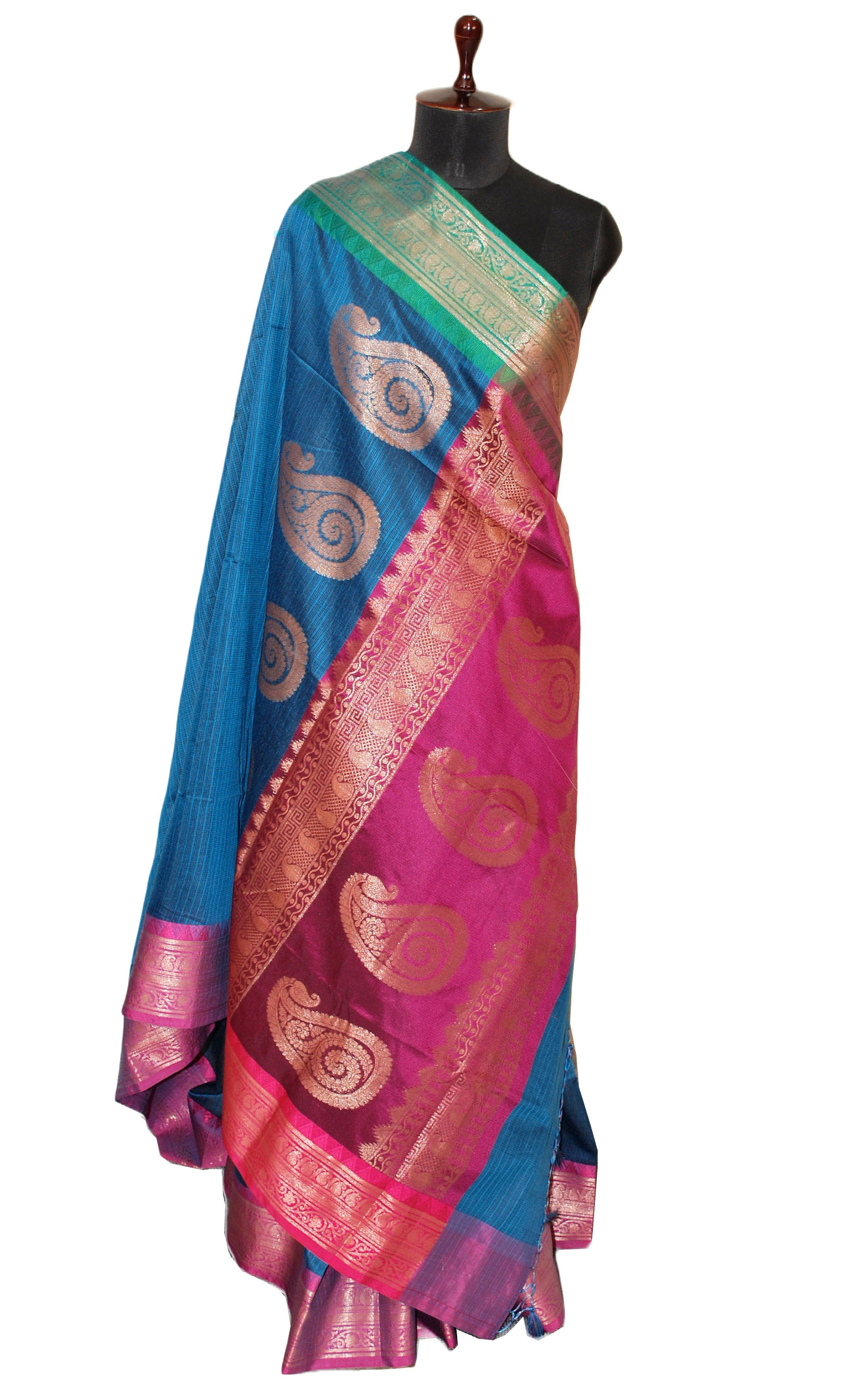 Traditional Ganga Jamuna Border Cotton Kota Checks Gadwal Saree with Rich Pallu in Denim Blue, Hot Pink and Green