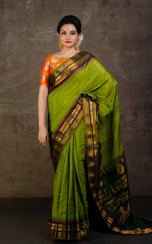 Exclusive Gadwal Seiko Silk Saree in Avocado Green and Purple