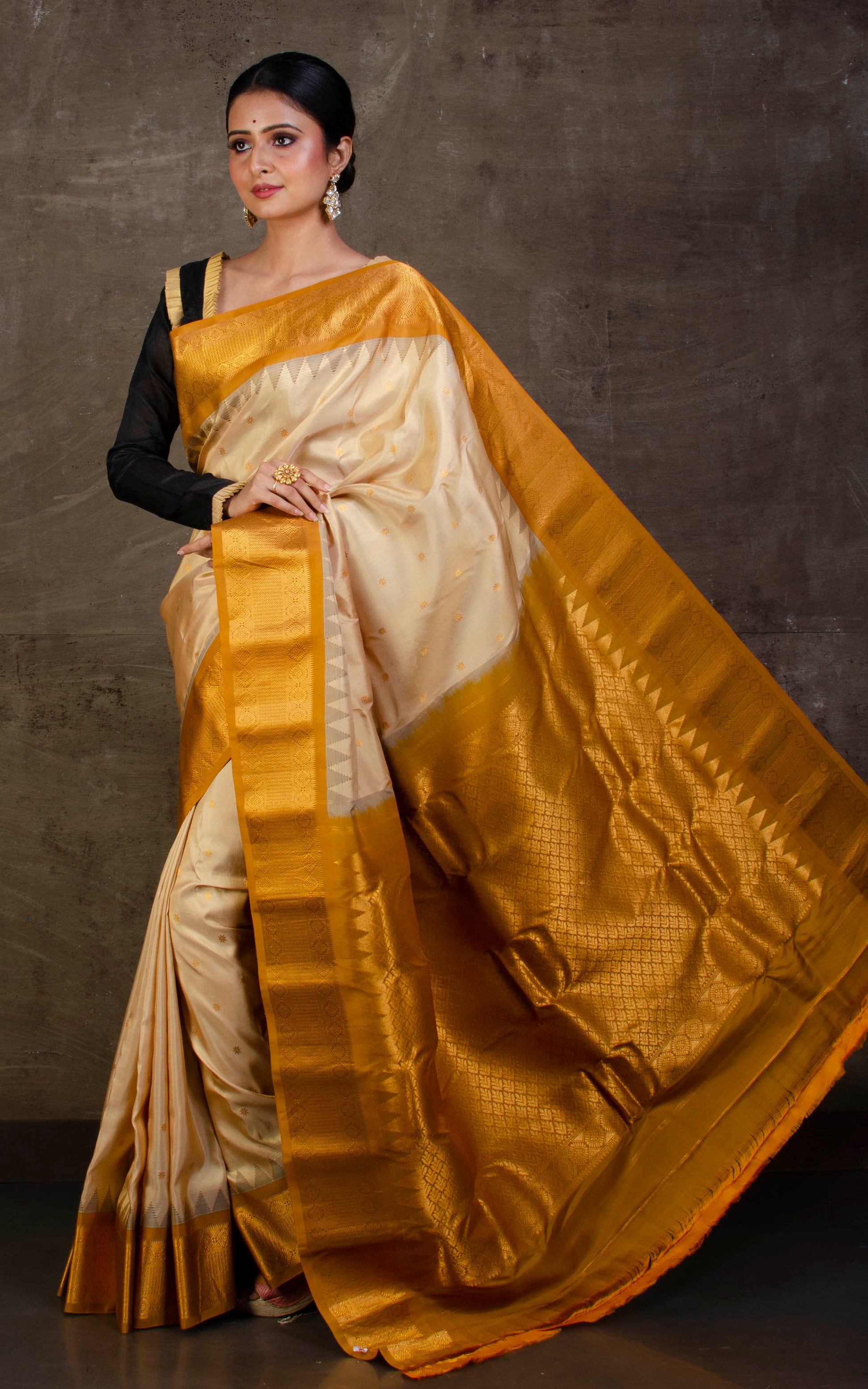 Exclusive Gadwal Silk Saree in Parmesan Cheese and Mustard Golden