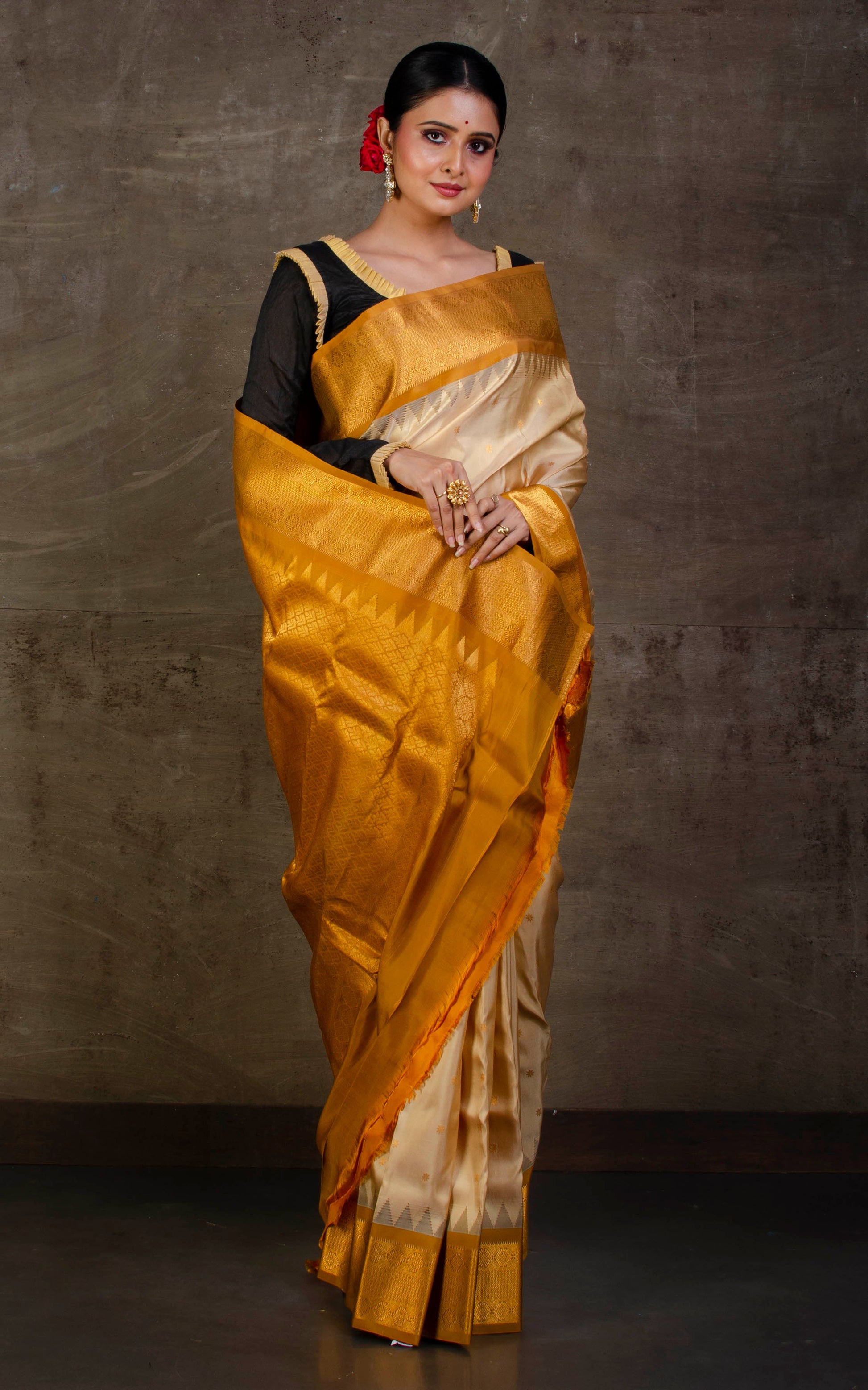 Exclusive Gadwal Silk Saree in Parmesan Cheese and Mustard Golden