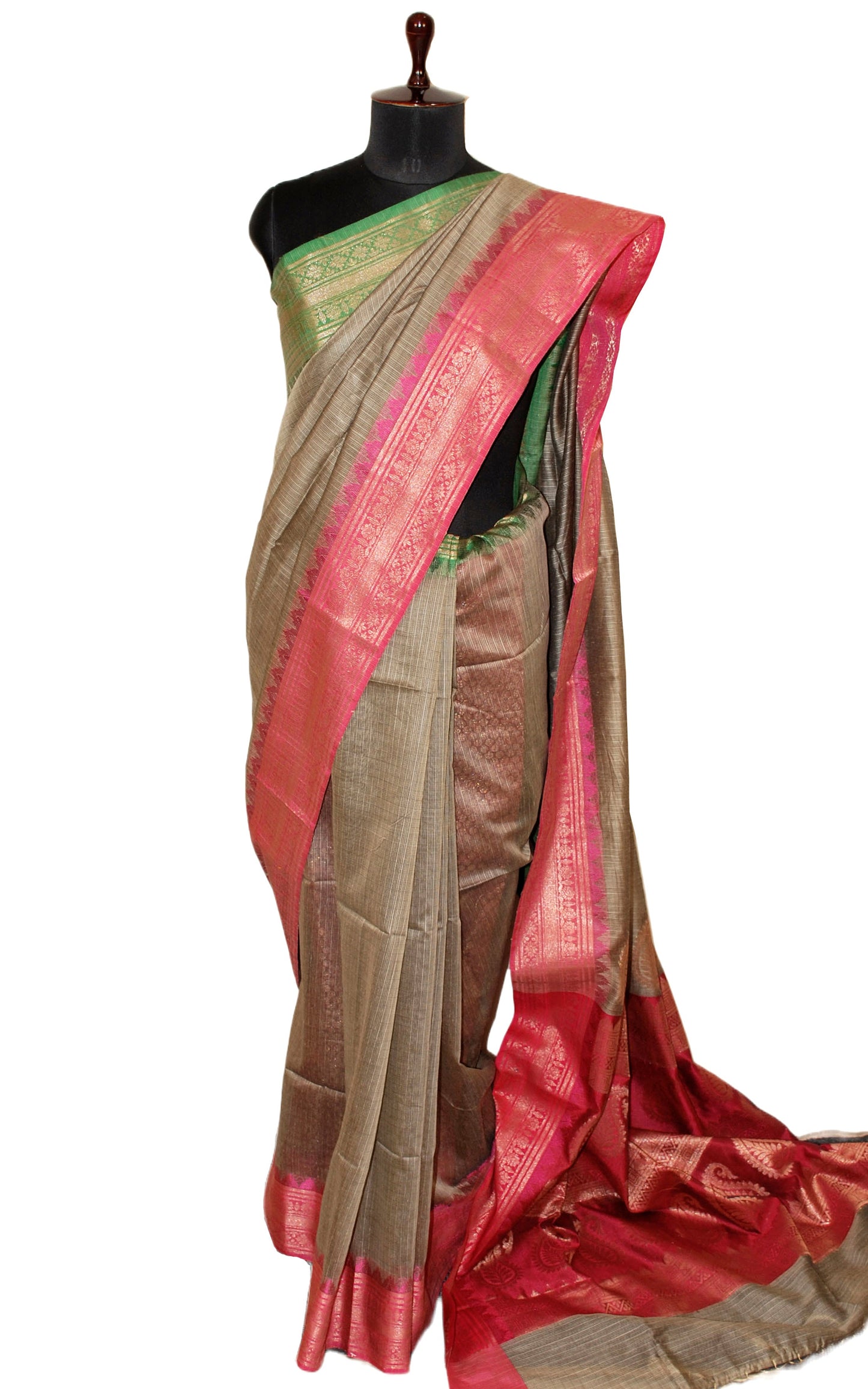 Traditional Ganga Jamuna Border Cotton Kota Checks Gadwal Saree with Rich Pallu in Beige Linen , Hot Pink and Green