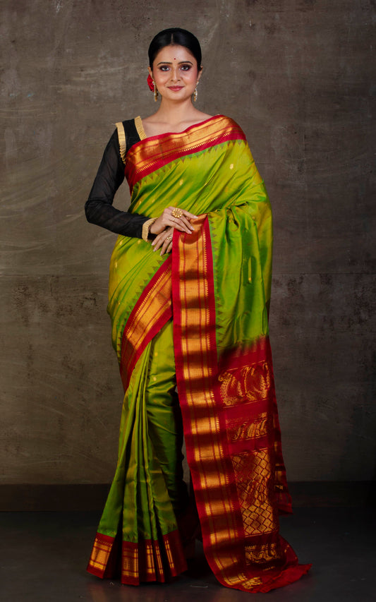 Exclusive Gadwal Silk Saree in Slime Green and Scarlet Red