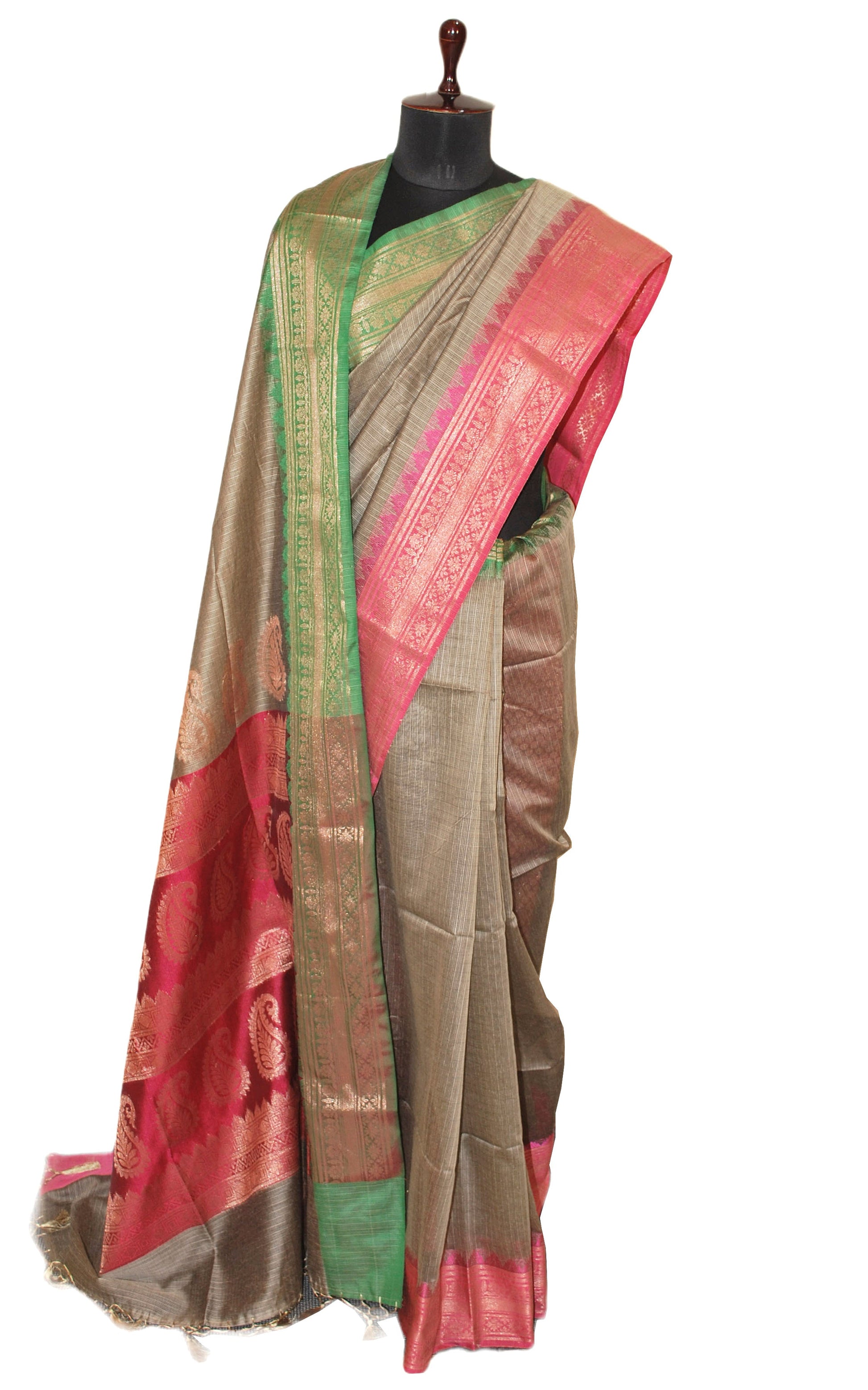 Traditional Ganga Jamuna Border Cotton Kota Checks Gadwal Saree with Rich Pallu in Beige Linen , Hot Pink and Green